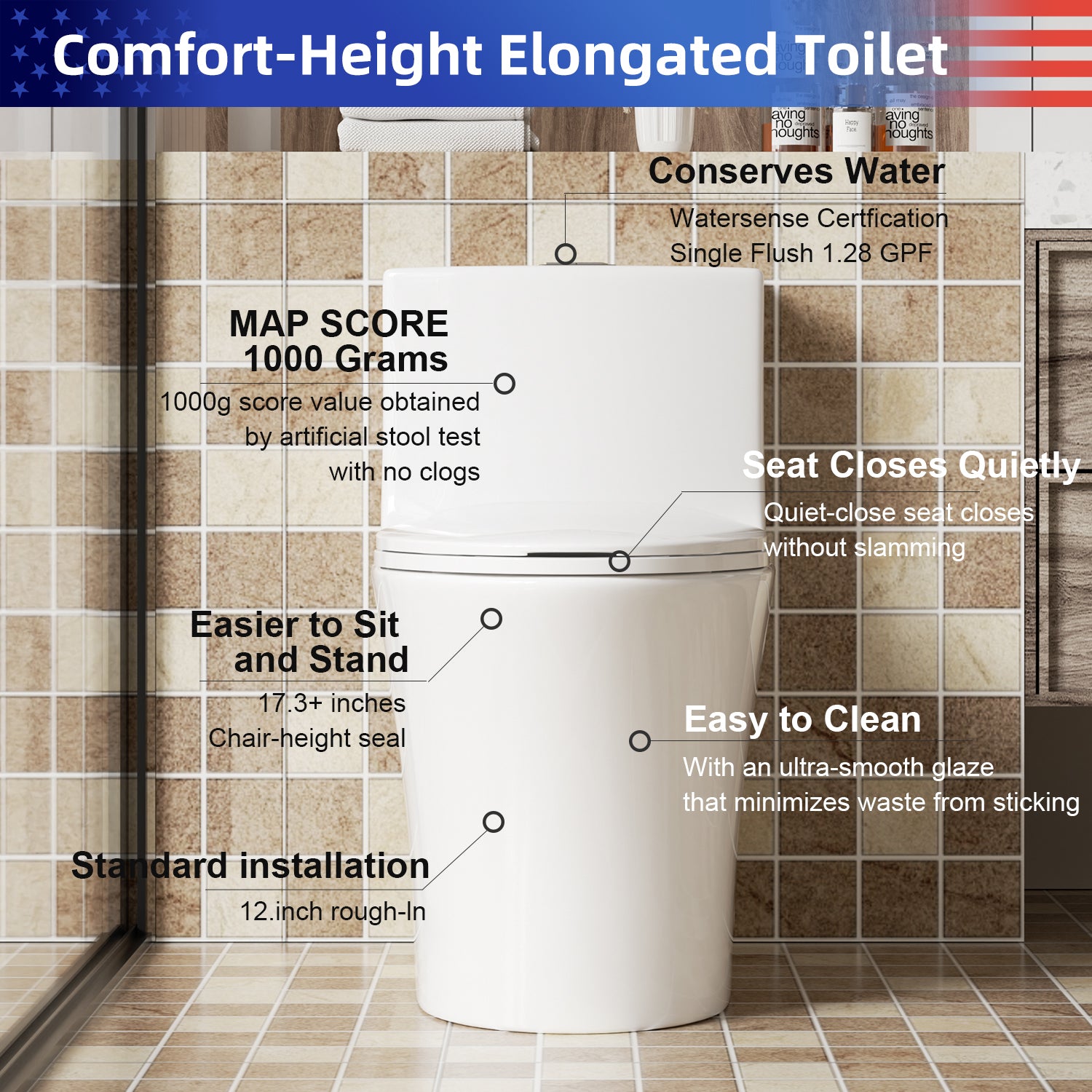 1.28/0.8 GPF Tornado Flush One-Piece Elongated Toilet, Siphonic S-Trap 12", Soft-Close Quick-Release Seat, Top Button Dual Flush, MAP 1000g, ADA Comfort Height 17"