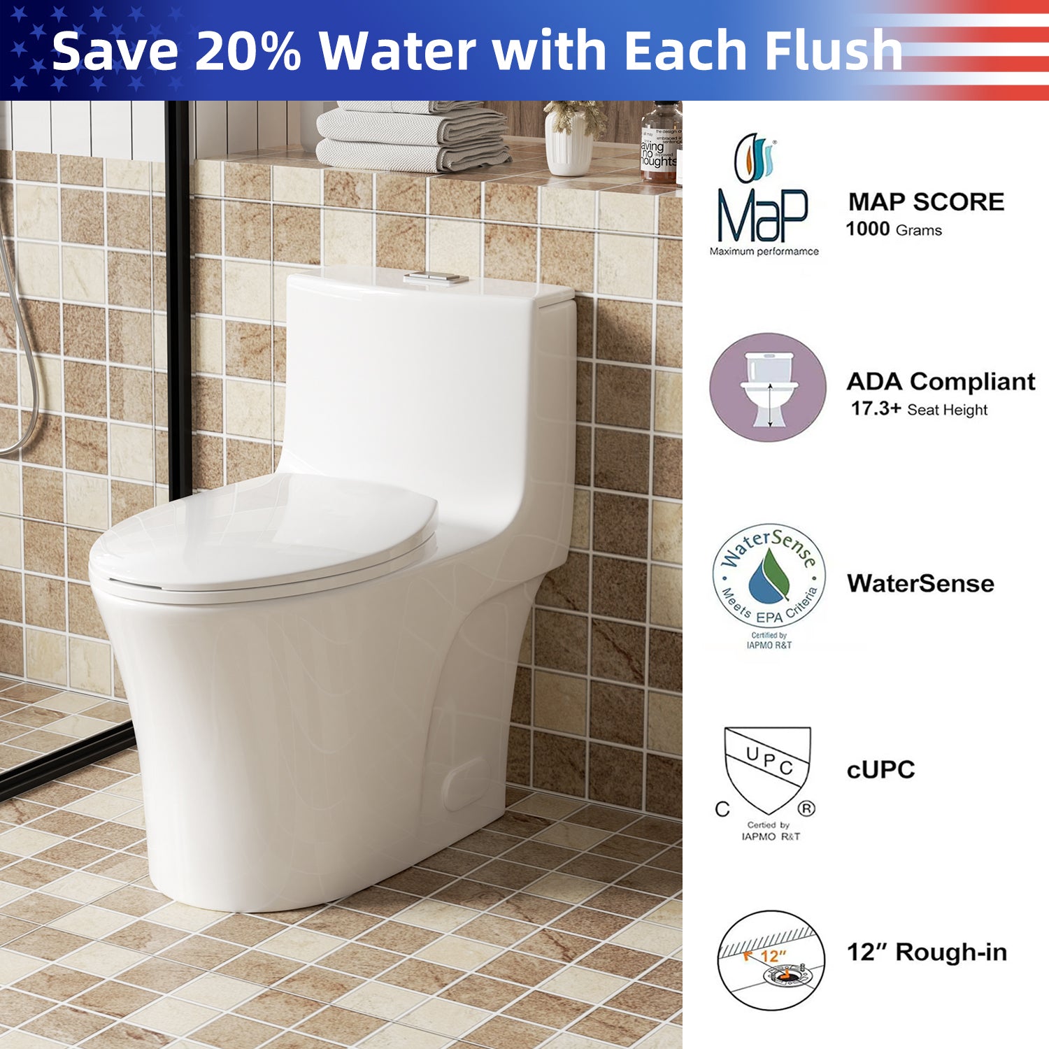 1.28/0.8 GPF Tornado Flush One-Piece Elongated Toilet, Siphonic S-Trap 12", Soft-Close Quick-Release Seat, Top Button Dual Flush, MAP 1000g, ADA Comfort Height 17"