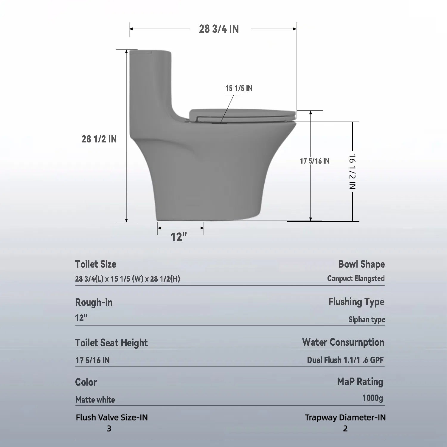 1.28/0.8 GPF Tornado Flush One-Piece Elongated Toilet, Siphonic S-Trap 12", Soft-Close Quick-Release Seat, Top Button Dual Flush, MAP 1000g, ADA Comfort Height 17"