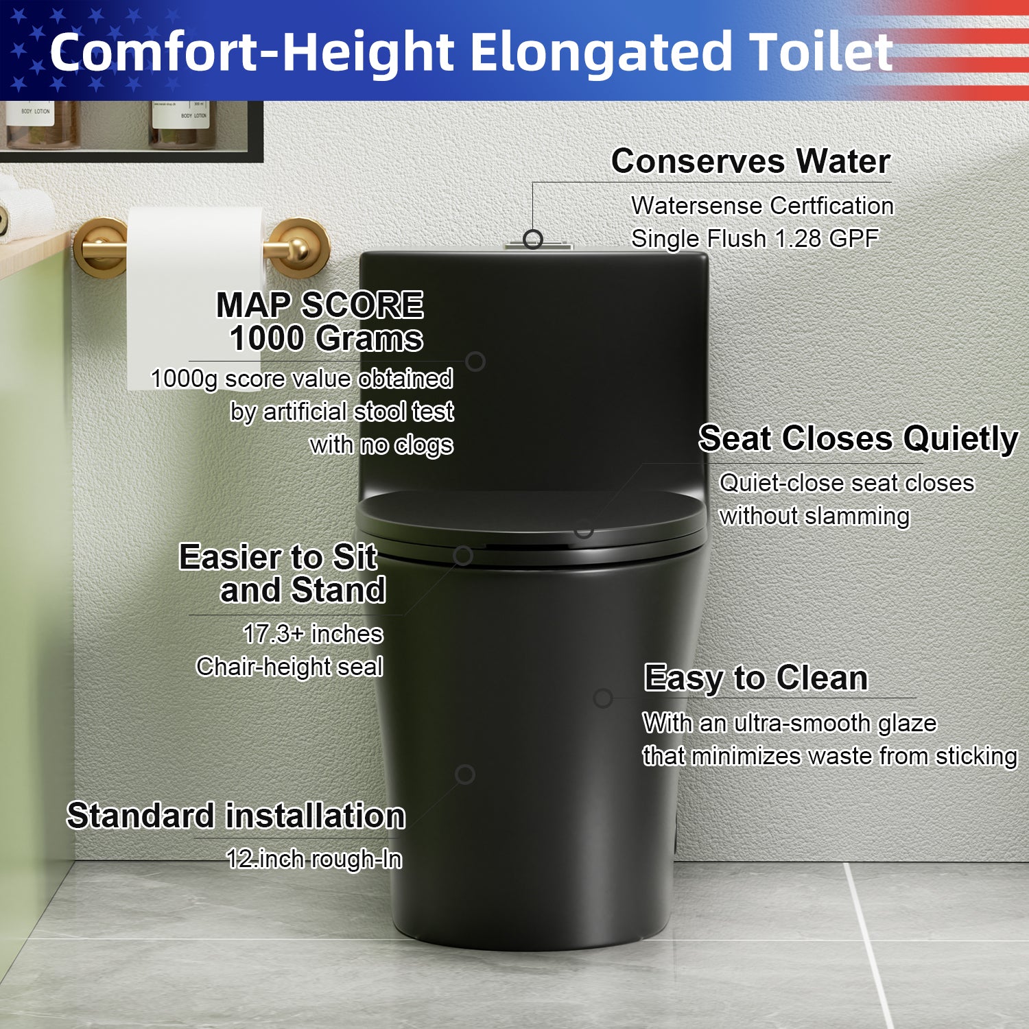1.28/0.8 GPF Tornado Flush One-Piece Elongated Toilet, Siphonic S-Trap 12", Soft-Close Quick-Release Seat, Top Button Dual Flush, MAP 1000g, ADA Comfort Height 17"