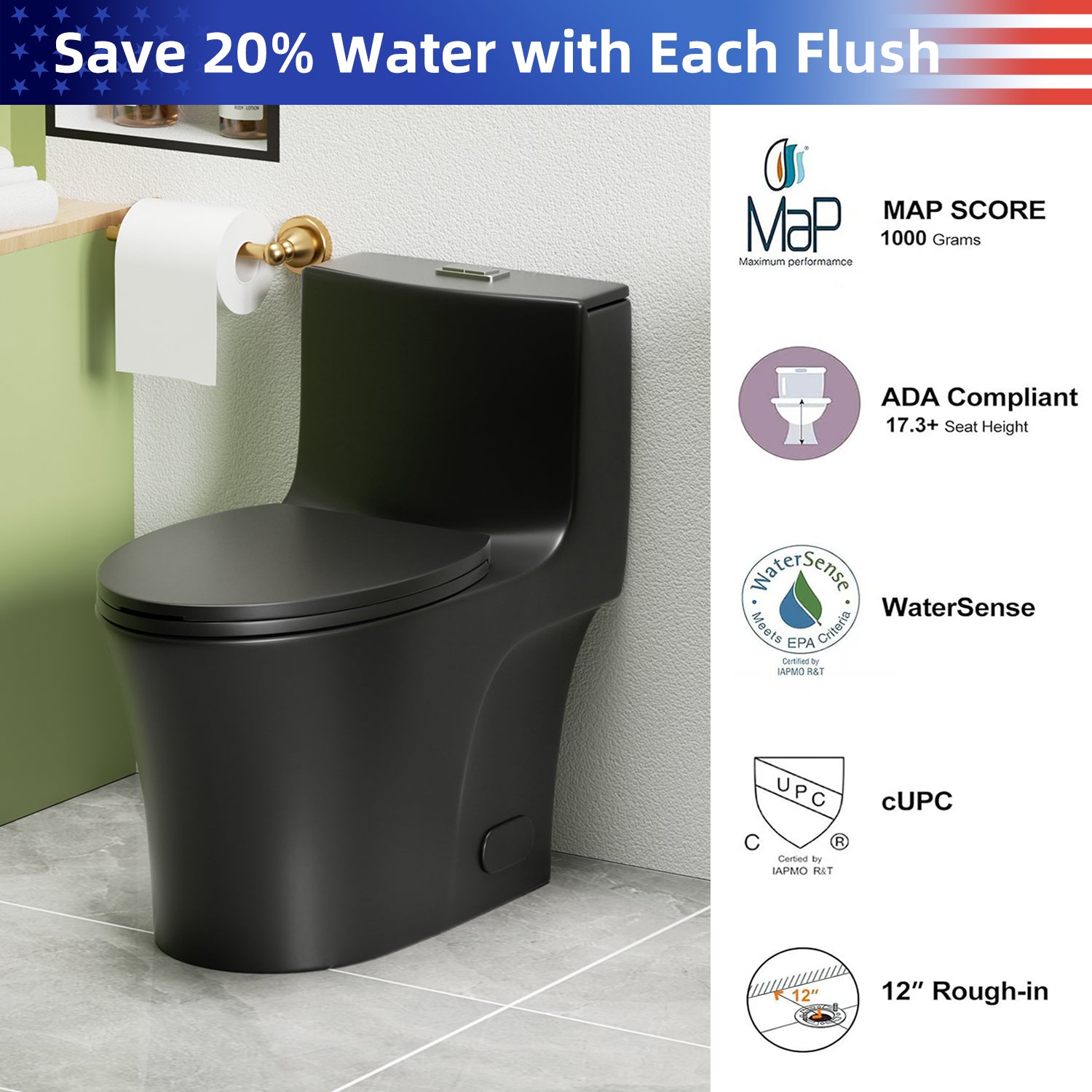 1.28/0.8 GPF Tornado Flush One-Piece Elongated Toilet, Siphonic S-Trap 12", Soft-Close Quick-Release Seat, Top Button Dual Flush, MAP 1000g, ADA Comfort Height 17"