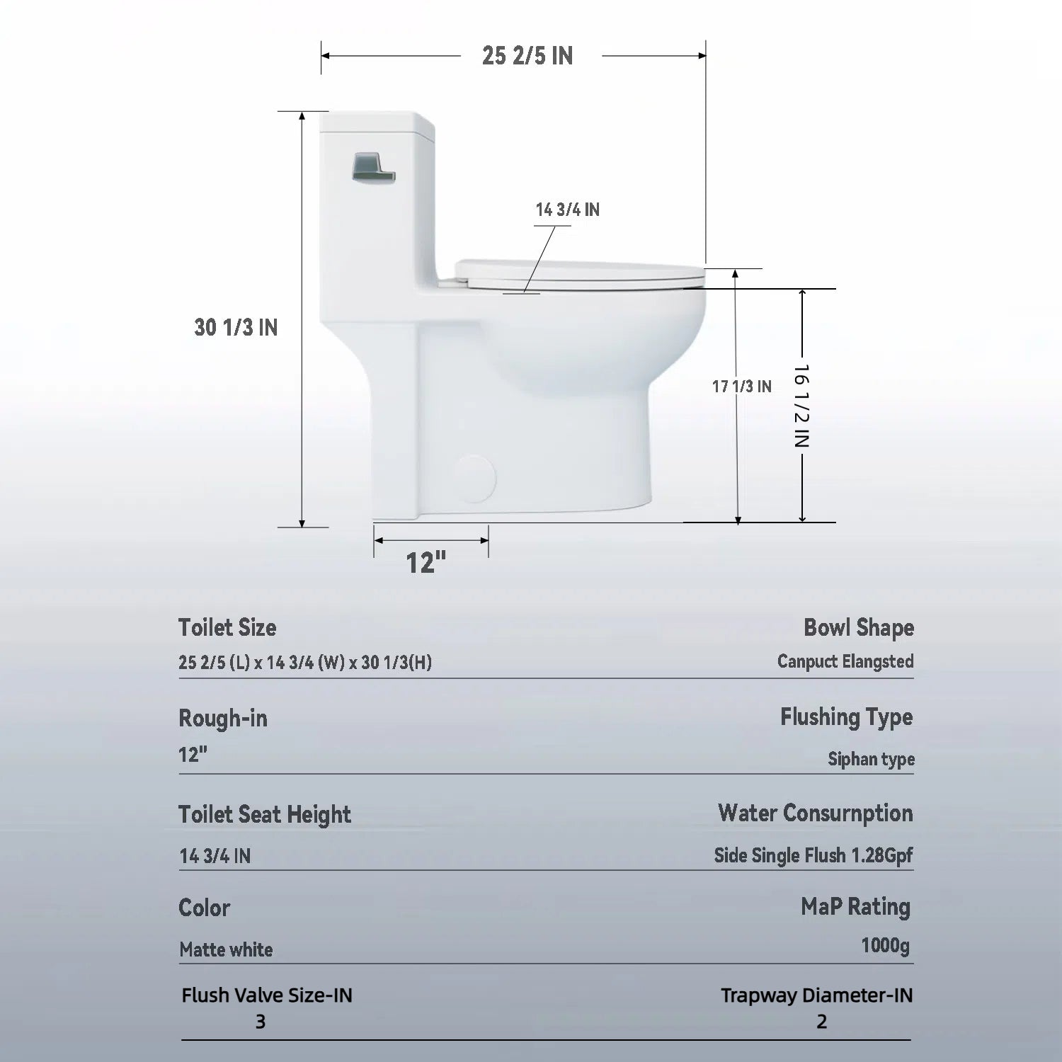 Gloss White 1.28 GPF Tornado Flush One-Piece Elongated Toilet, Siphonic Single Flush with Side Press, Soft-Close Quick-Release Seat, 1000g MAP, 17" ADA Comfort Height, 12" Rough-In