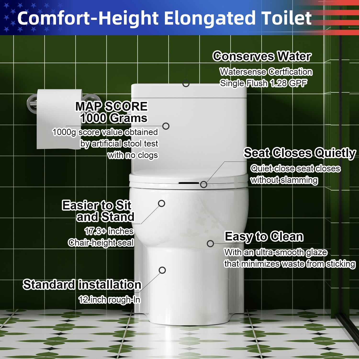 Gloss White 1.28 GPF Tornado Flush One-Piece Elongated Toilet, Siphonic Single Flush with Side Press, Soft-Close Quick-Release Seat, 1000g MAP, 17" ADA Comfort Height, 12" Rough-In