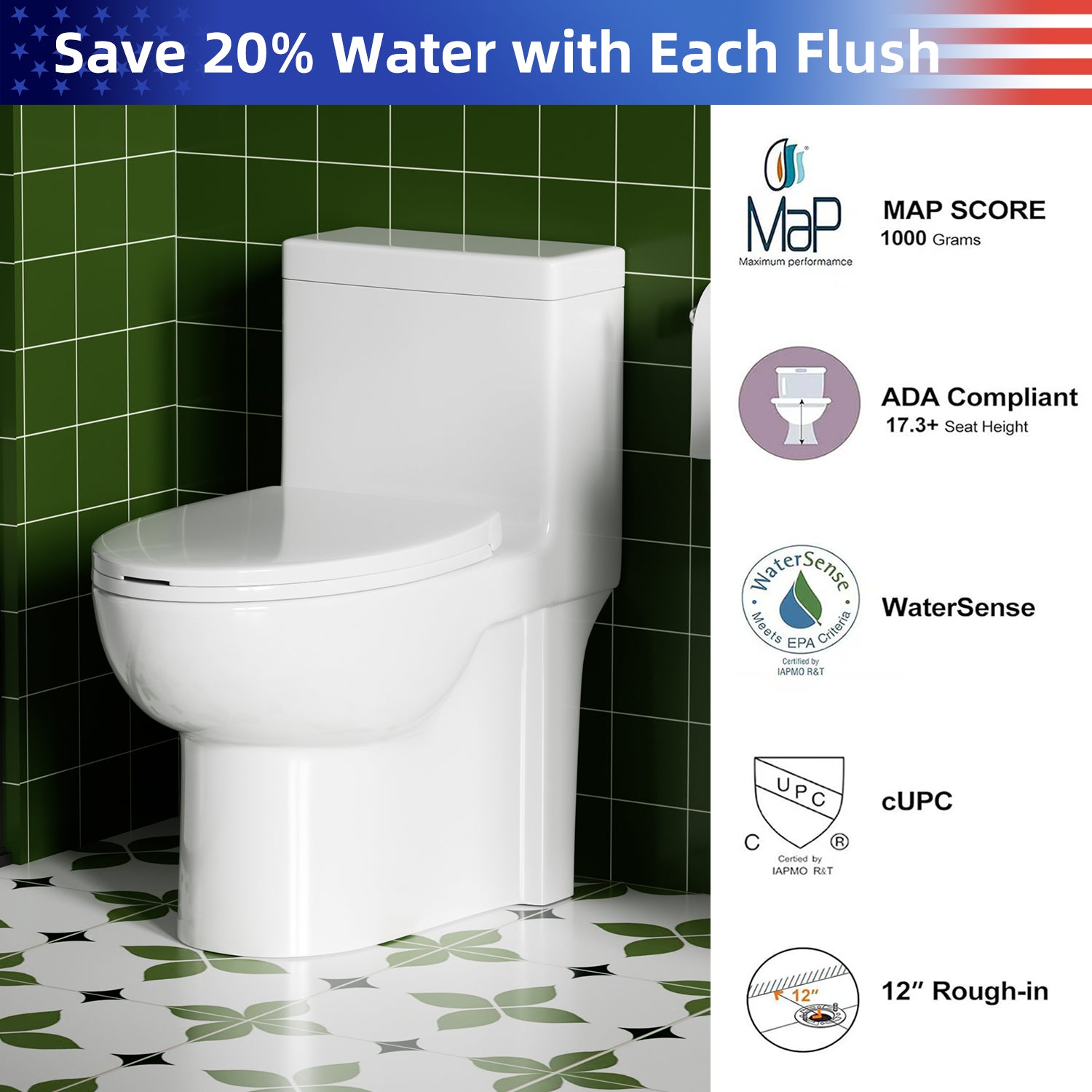 Gloss White 1.28 GPF Tornado Flush One-Piece Elongated Toilet, Siphonic Single Flush with Side Press, Soft-Close Quick-Release Seat, 1000g MAP, 17" ADA Comfort Height, 12" Rough-In