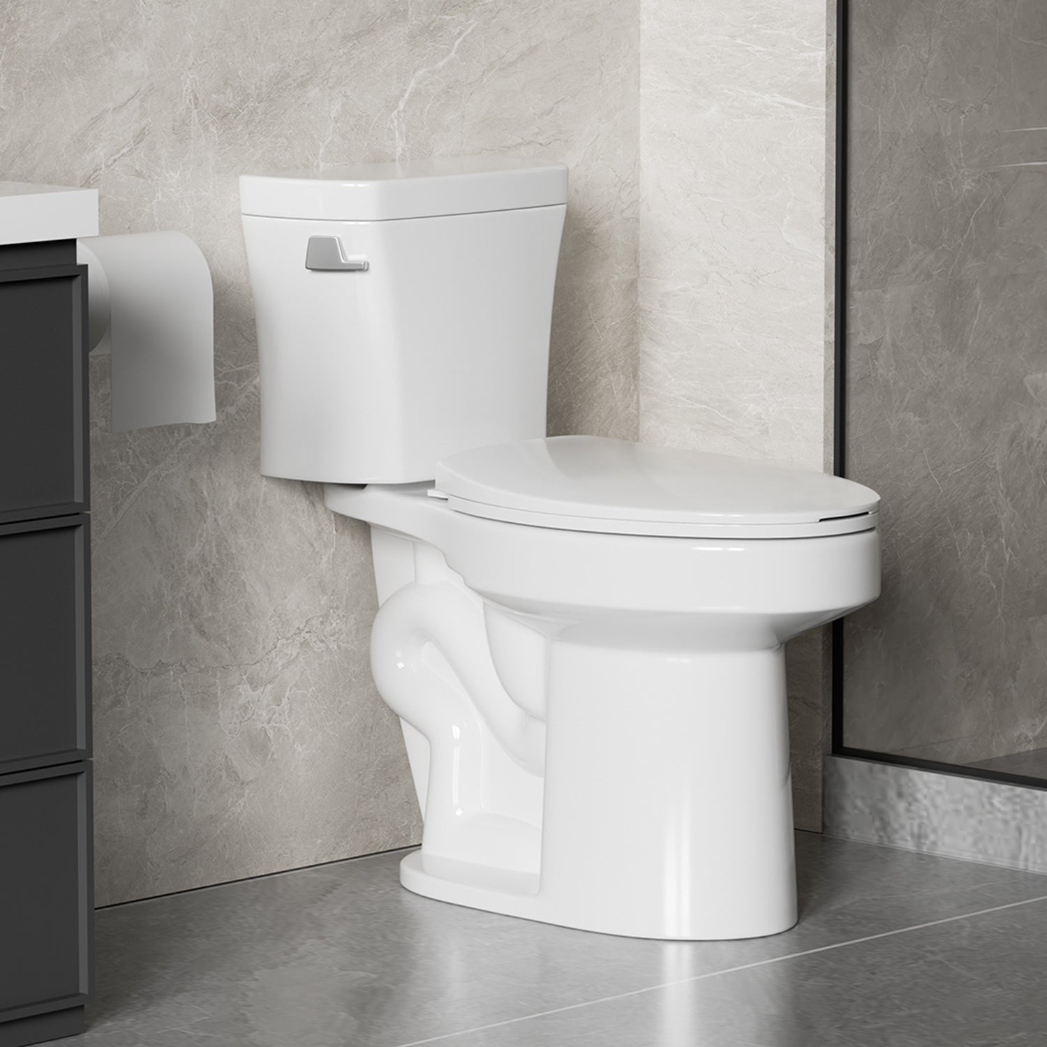 Gloss White 1.28 GPF Tornado Flush Two-Piece Toilet, Elongated Rimless Bowl, Siphonic Single Flush with Side Lever, Soft-Close Seat, 17" ADA Comfort Height, 12" S-Trap