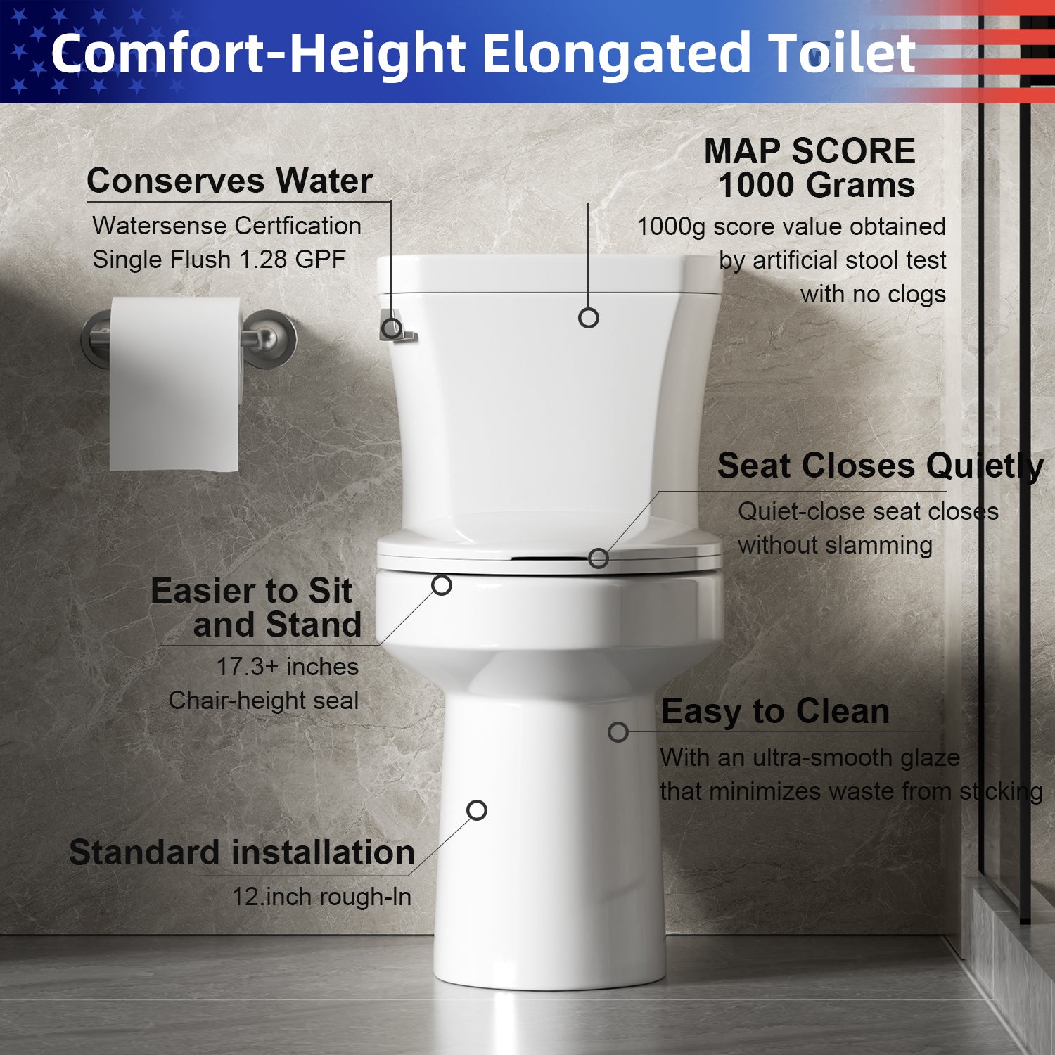 Gloss White 1.28 GPF Tornado Flush Two-Piece Toilet, Elongated Rimless Bowl, Siphonic Single Flush with Side Lever, Soft-Close Seat, 17" ADA Comfort Height, 12" S-Trap