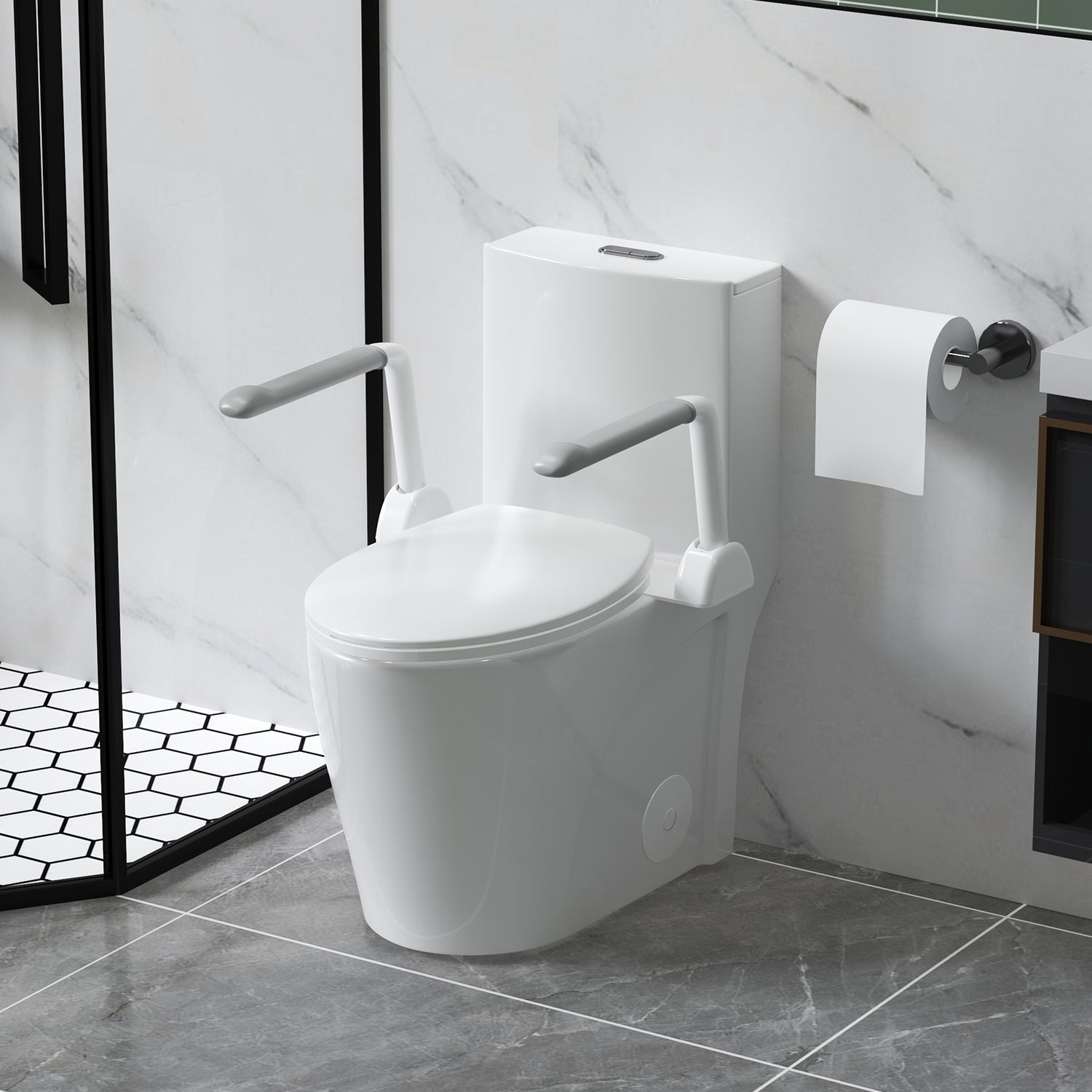 Glossy White 1.28/0.8 GPF Tornado Flush One-Piece Toilet with Armrests, Siphonic S-Trap 12", Soft-Close Seat, Dual Flush, MAP 1000g, 17" ADA Comfort Height