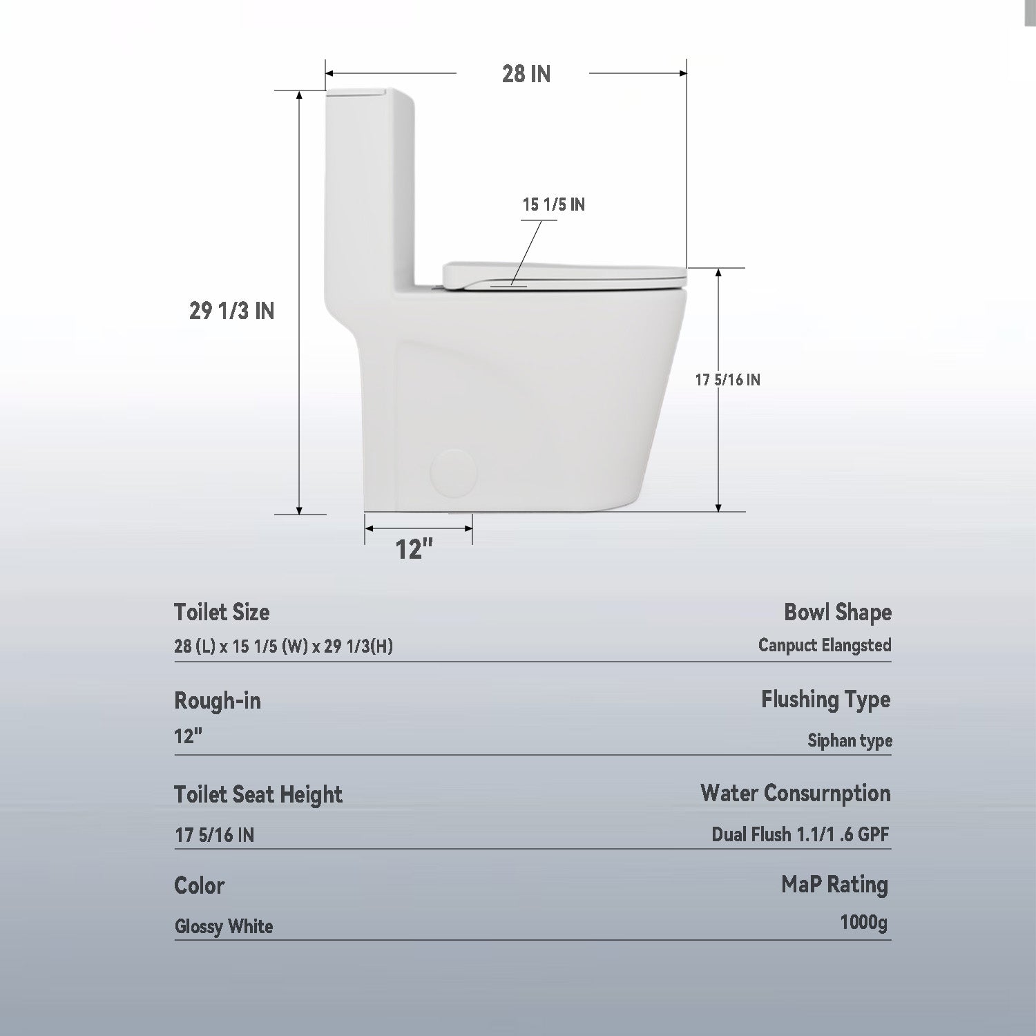 Glossy White 1.28/0.8 GPF Tornado Flush One-Piece Toilet with Armrests, Siphonic S-Trap 12", Soft-Close Seat, Dual Flush, MAP 1000g, 17" ADA Comfort Height
