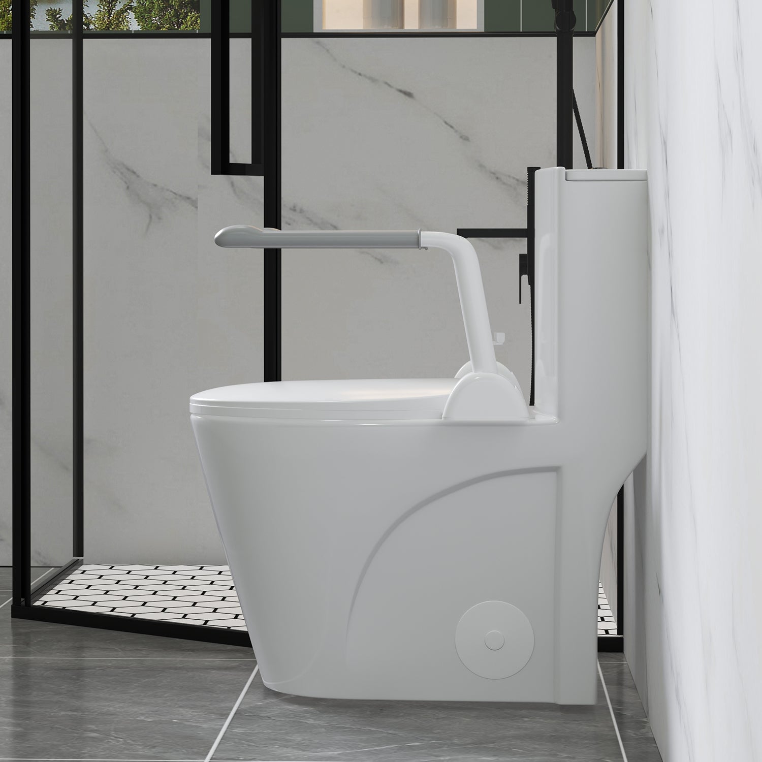 Glossy White 1.28/0.8 GPF Tornado Flush One-Piece Toilet with Armrests, Siphonic S-Trap 12", Soft-Close Seat, Dual Flush, MAP 1000g, 17" ADA Comfort Height