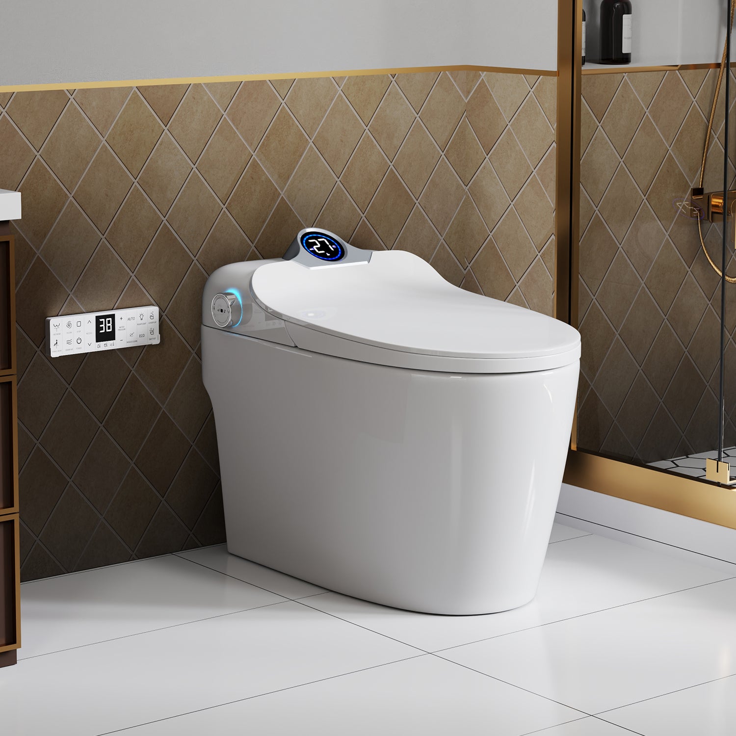 Smart Toilet Bidet Combo with Foot Sensor Open Cover & Seat, 1.28 GPF Siphon Jet Flush, Self-Cleaning Nozzle, 3-Level Heated Seat, Warm Air Dryer, Night Light, LED Display, Auto Flush, Soft-Close Seat, Remote & Knob Control
