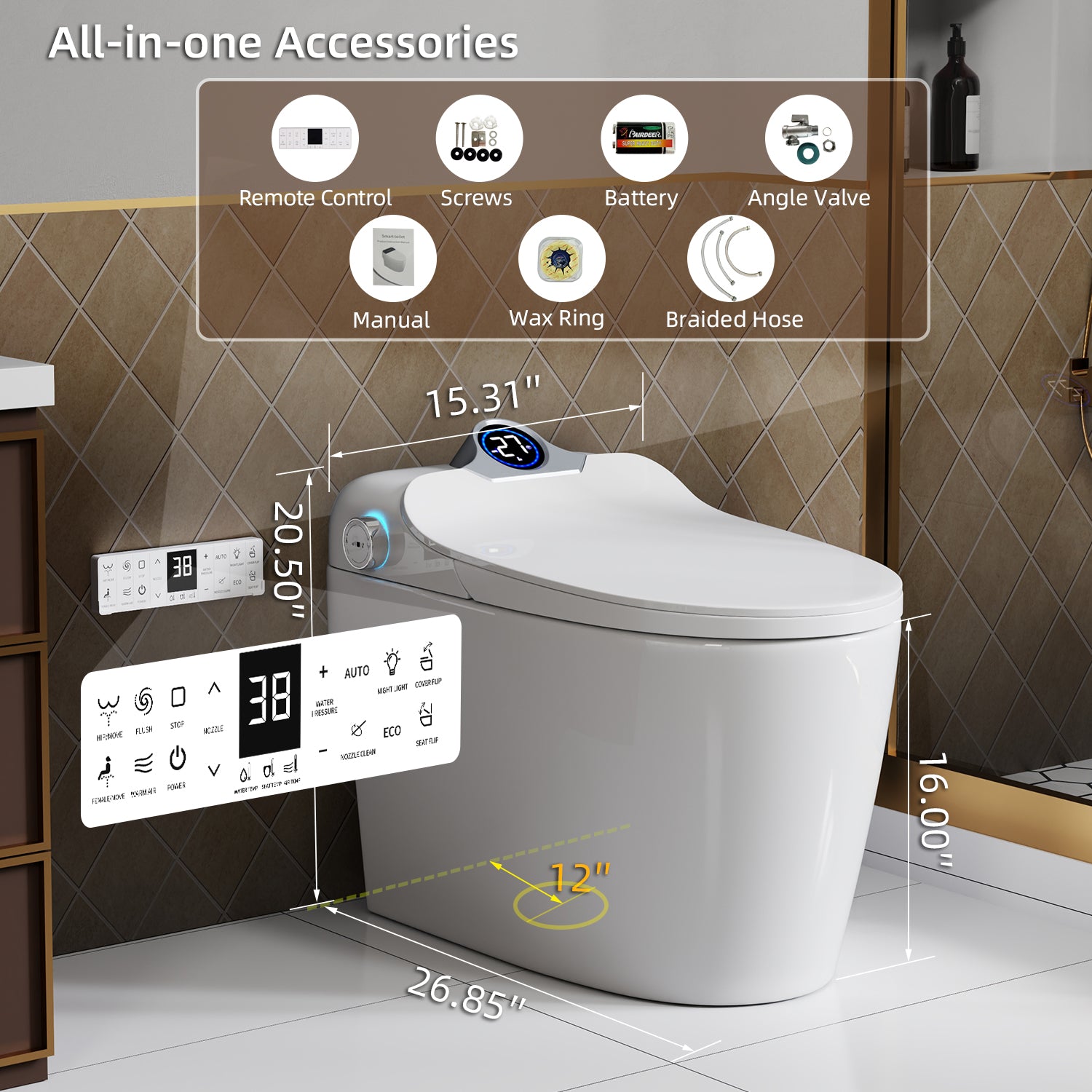 Smart Toilet Bidet Combo with Foot Sensor Open Cover & Seat, 1.28 GPF Siphon Jet Flush, Self-Cleaning Nozzle, 3-Level Heated Seat, Warm Air Dryer, Night Light, LED Display, Auto Flush, Soft-Close Seat, Remote & Knob Control