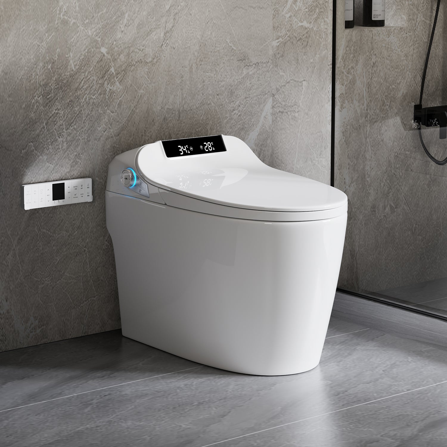 Smart Toilet Bidet Combo with Foot Sensor Open Cover & Seat, 1.28 GPF Siphon Jet Flush, Self-Cleaning Nozzle, Heated Seat, Warm Air Dryer, Night Light, LED Display, Remote & Knob Control, Auto Flush, Soft-Close Seat