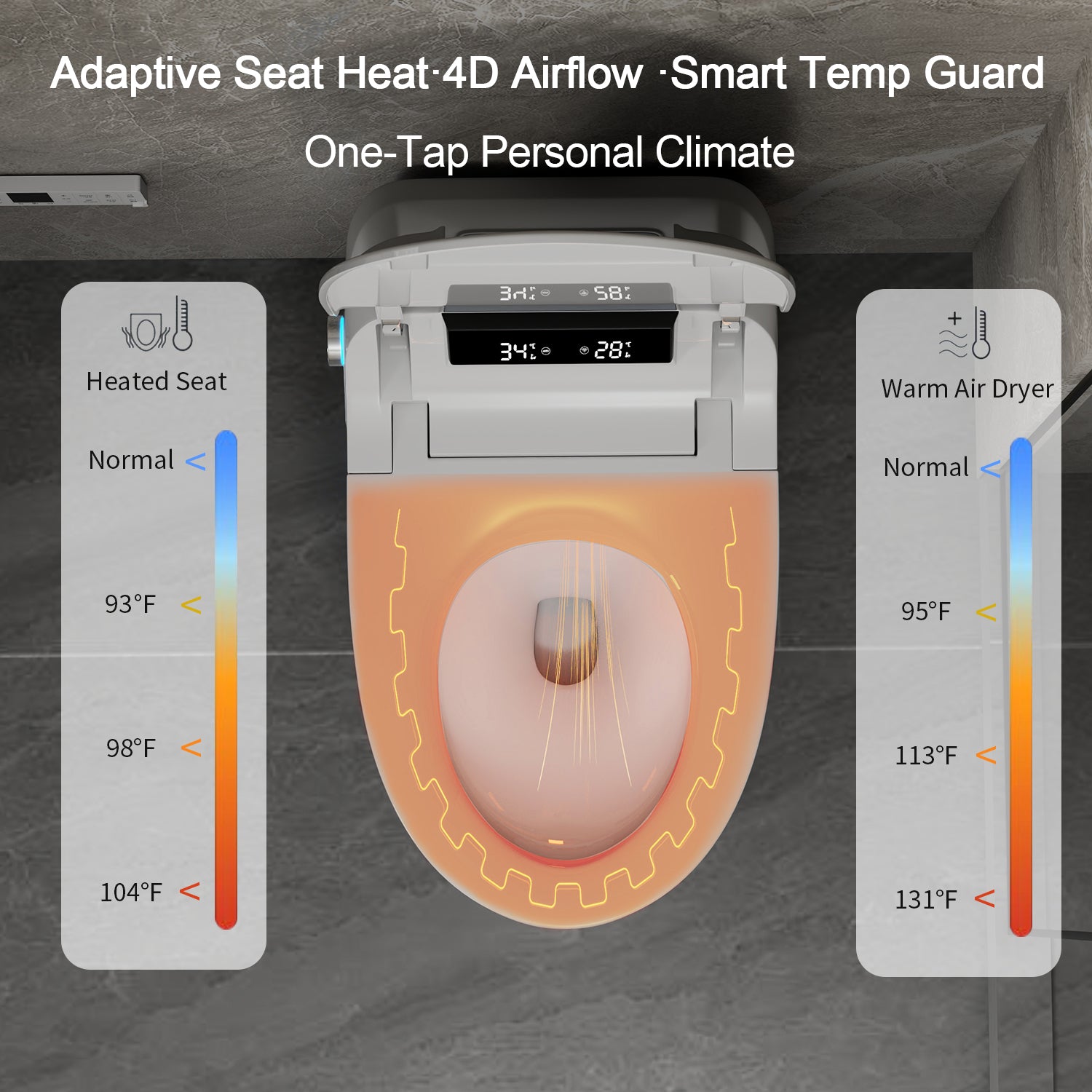 Smart Toilet Bidet Combo with Foot Sensor Open Cover & Seat, 1.28 GPF Siphon Jet Flush, Self-Cleaning Nozzle, Heated Seat, Warm Air Dryer, Night Light, LED Display, Remote & Knob Control, Auto Flush, Soft-Close Seat