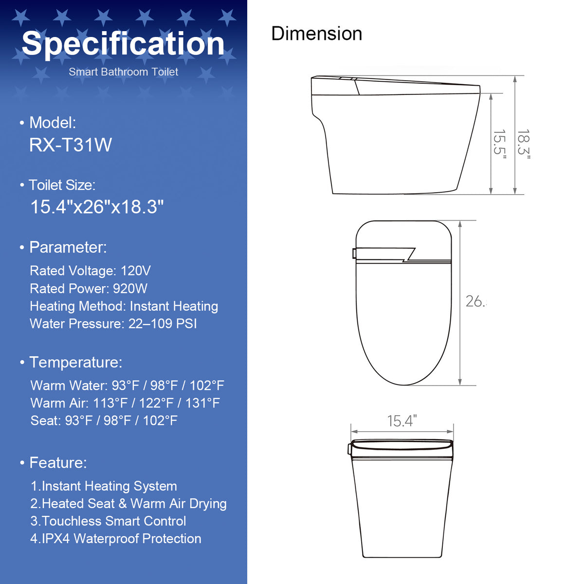 Rainlex Smart Toilet Bidet, One Piece Electric Toilet with Heated Seat, Auto Flush, Warm Air Dryer, Wireless Remote & Self Cleaning Nozzle (T31)