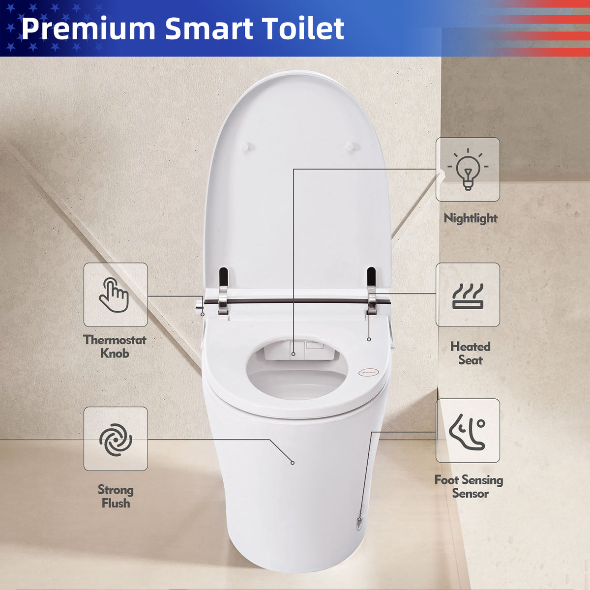 Rainlex Smart One Piece Toilet with Heated Seat, Dual Flush 1.0/1.28 GPF, Tankless Design, Foot Sensor, Night Light & Knob Control（T42）