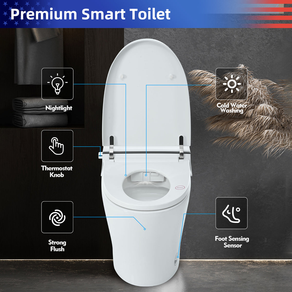 Rainlex Tankless Smart Bidet Toilet with Self-Cleaning Nozzle, Dual Flush 1.0/1.28 GPF, Foot Sensor, Night Light & Knob Control(T44)