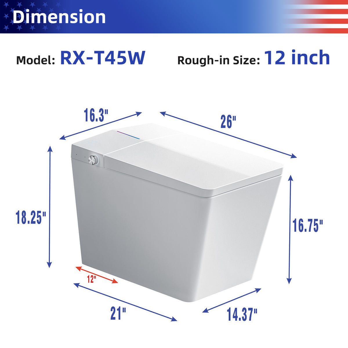 Rainlex Square Smart Bidet Toilet with Built-in Tank, Heated Seat, Instant Warm Water Wash, Auto Flush, Foot Sensor & Remote Control（T45）