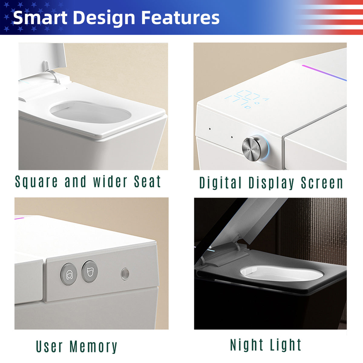 Rainlex Square Smart Bidet Toilet with Built-in Tank, Heated Seat, Instant Warm Water Wash, Auto Flush, Foot Sensor & Remote Control（T45）