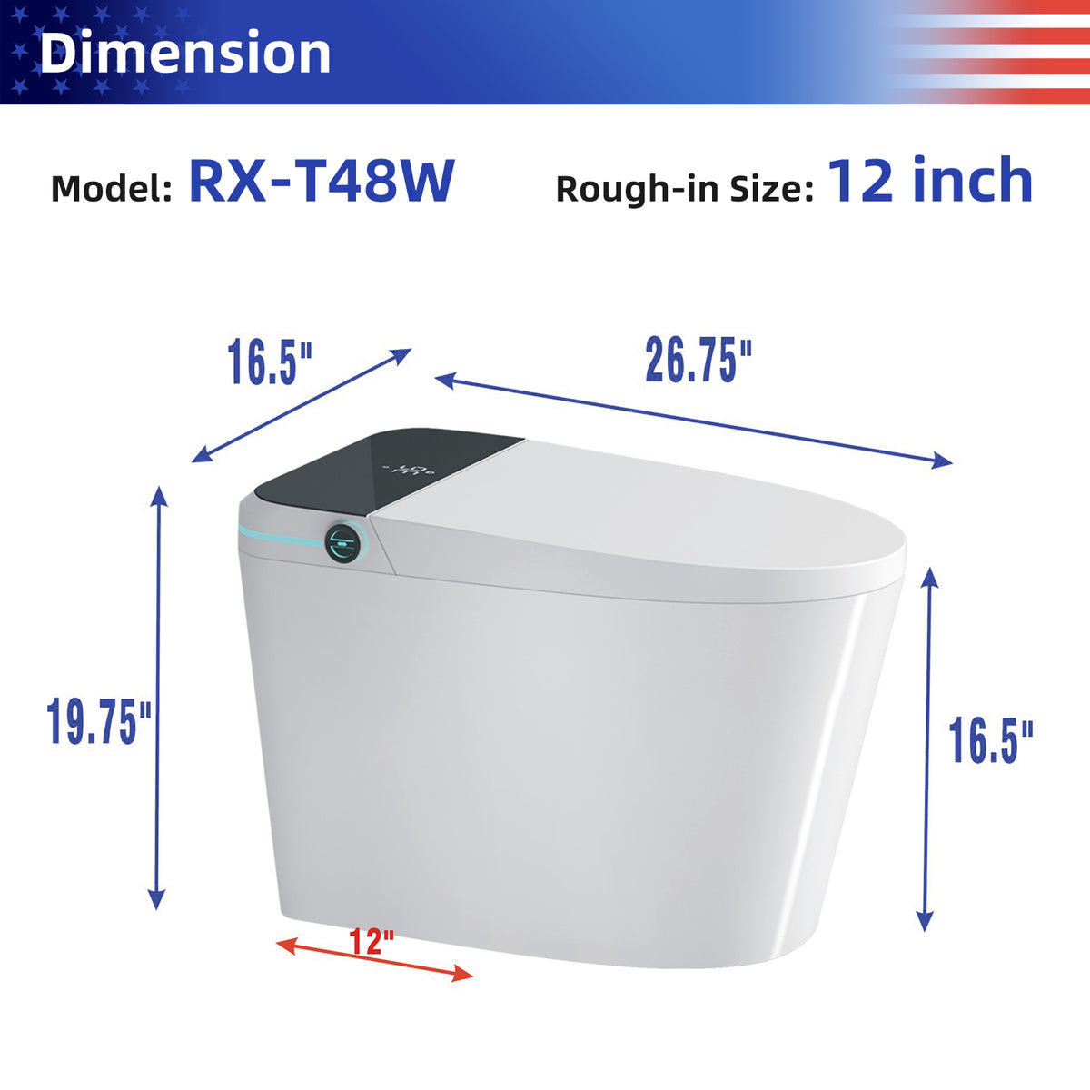 Rainlex Smart Bidet Toilet with Auto Open Lid, Heated Seat, Warm Water Wash, Dryer, Foot Sensor, LED Display & Remote Control(T48)