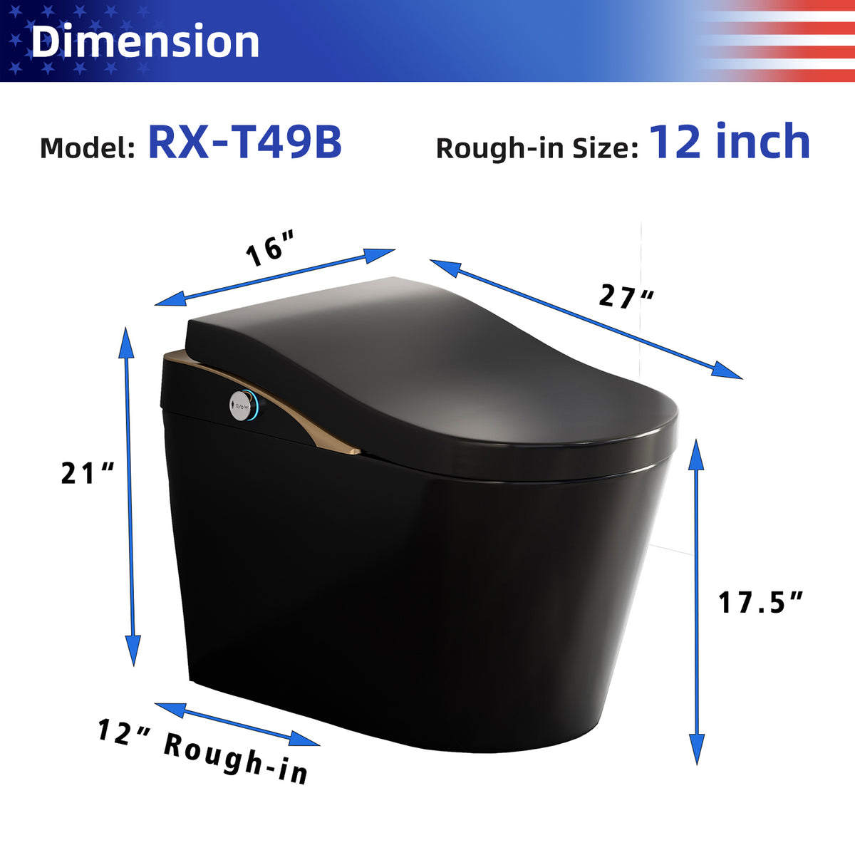 Rainlex ADA Height Smart Bidet Toilet with Auto Open Lid, Heated Seat, Warm Water Wash, Dryer, Foam Shield & Remote Control(T49)