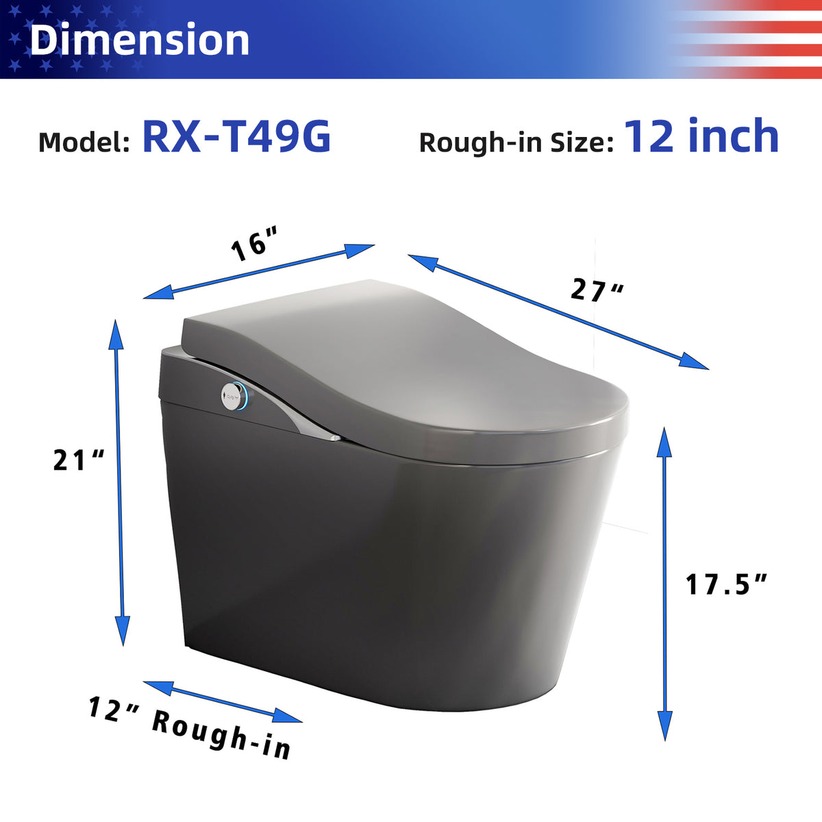 Rainlex ADA Height Smart Bidet Toilet with Auto Open Lid, Heated Seat, Warm Water Wash, Dryer, Foam Shield & Remote Control(T49)