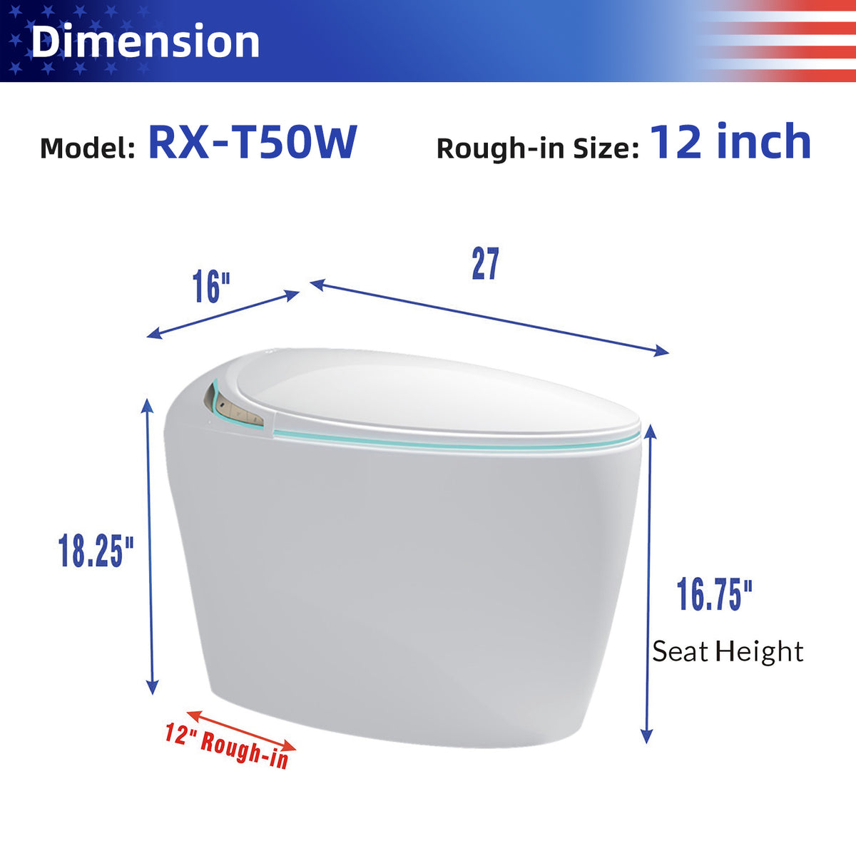 Rainlex Tankless Smart Bidet Toilet with Auto Open Lid, Heated Seat, Warm Water Wash, Dryer, Foot Sensor & Remote Control（T50）