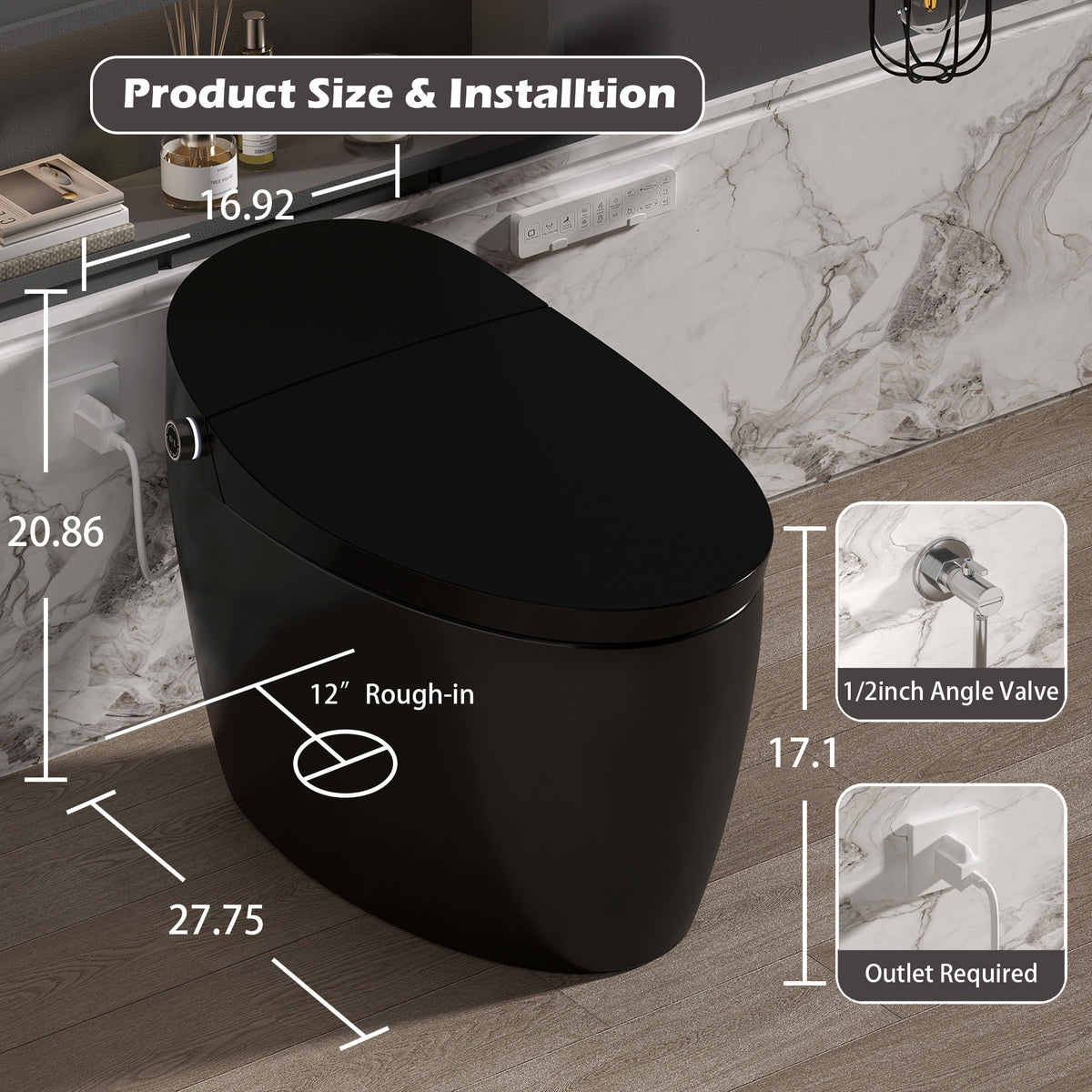 Rainlex ADA Smart Bidet Toilet with Auto Flush, Heated Seat, Warm Water Wash, Dryer, Foot Kick Sensor, Night Light & Remote Control（T51）