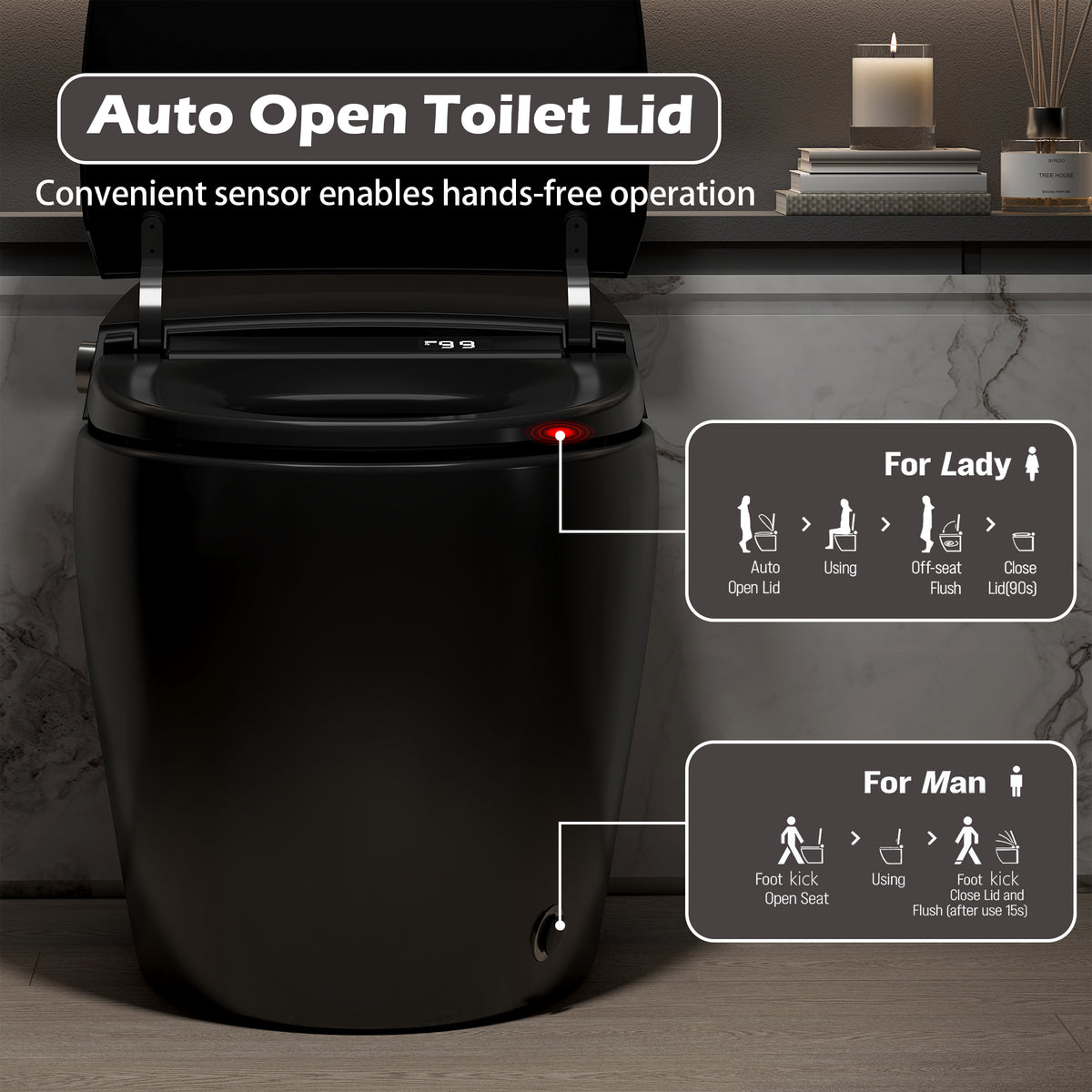 Rainlex ADA Smart Bidet Toilet with Auto Flush, Heated Seat, Warm Water Wash, Dryer, Foot Kick Sensor, Night Light & Remote Control（T51）