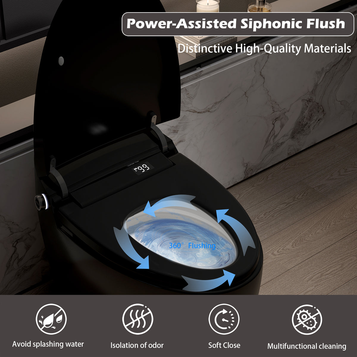 Rainlex ADA Smart Bidet Toilet with Auto Flush, Heated Seat, Warm Water Wash, Dryer, Foot Kick Sensor, Night Light & Remote Control（T51）