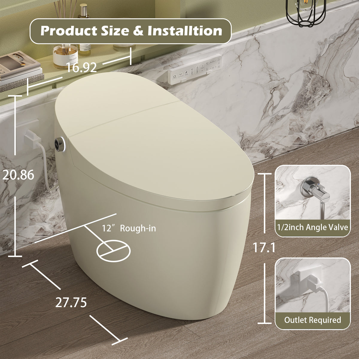 Rainlex ADA Smart Bidet Toilet with Auto Flush, Heated Seat, Warm Water Wash, Dryer, Foot Kick Sensor, Night Light & Remote Control（T51）
