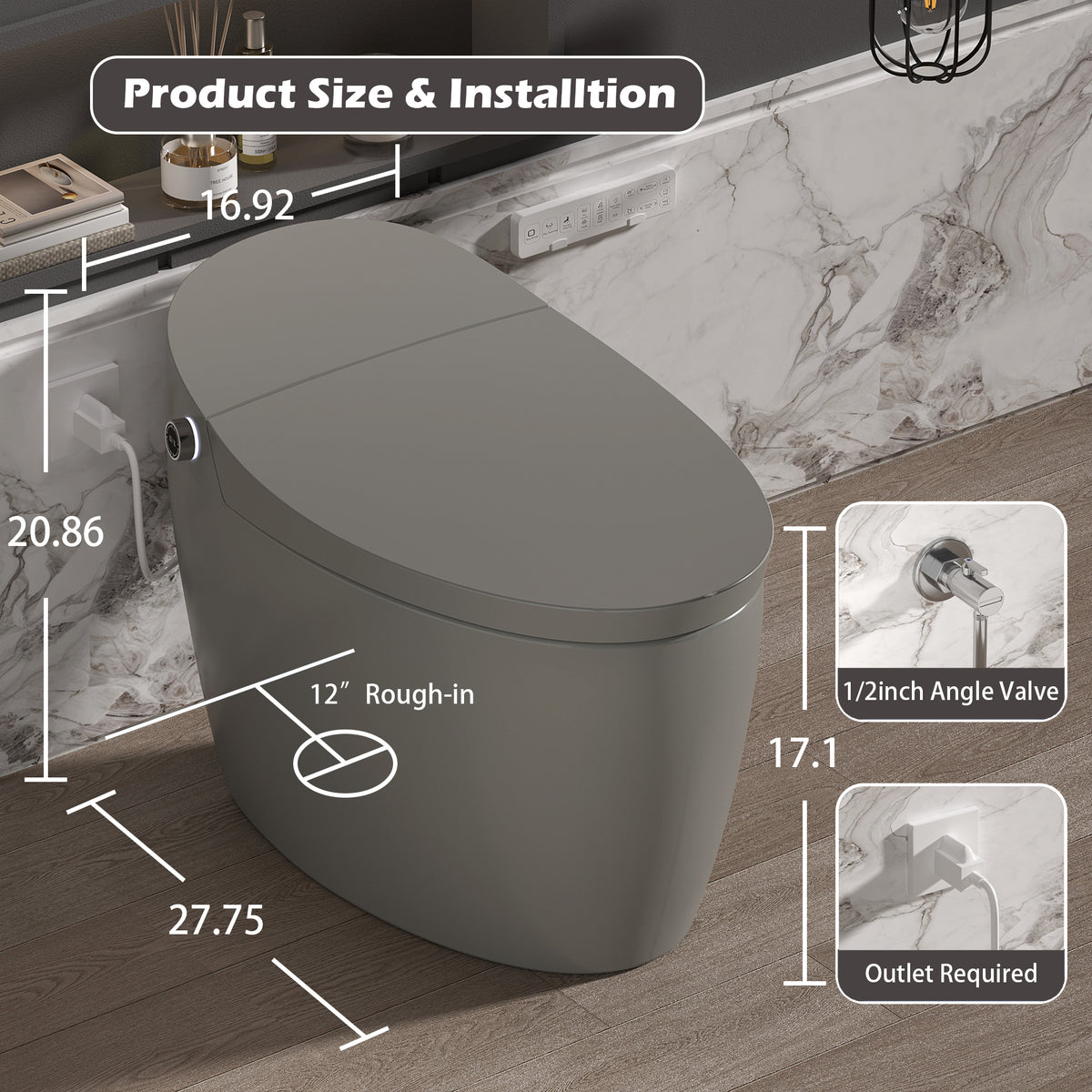 Rainlex ADA Smart Bidet Toilet with Auto Flush, Heated Seat, Warm Water Wash, Dryer, Foot Kick Sensor, Night Light & Remote Control（T51）