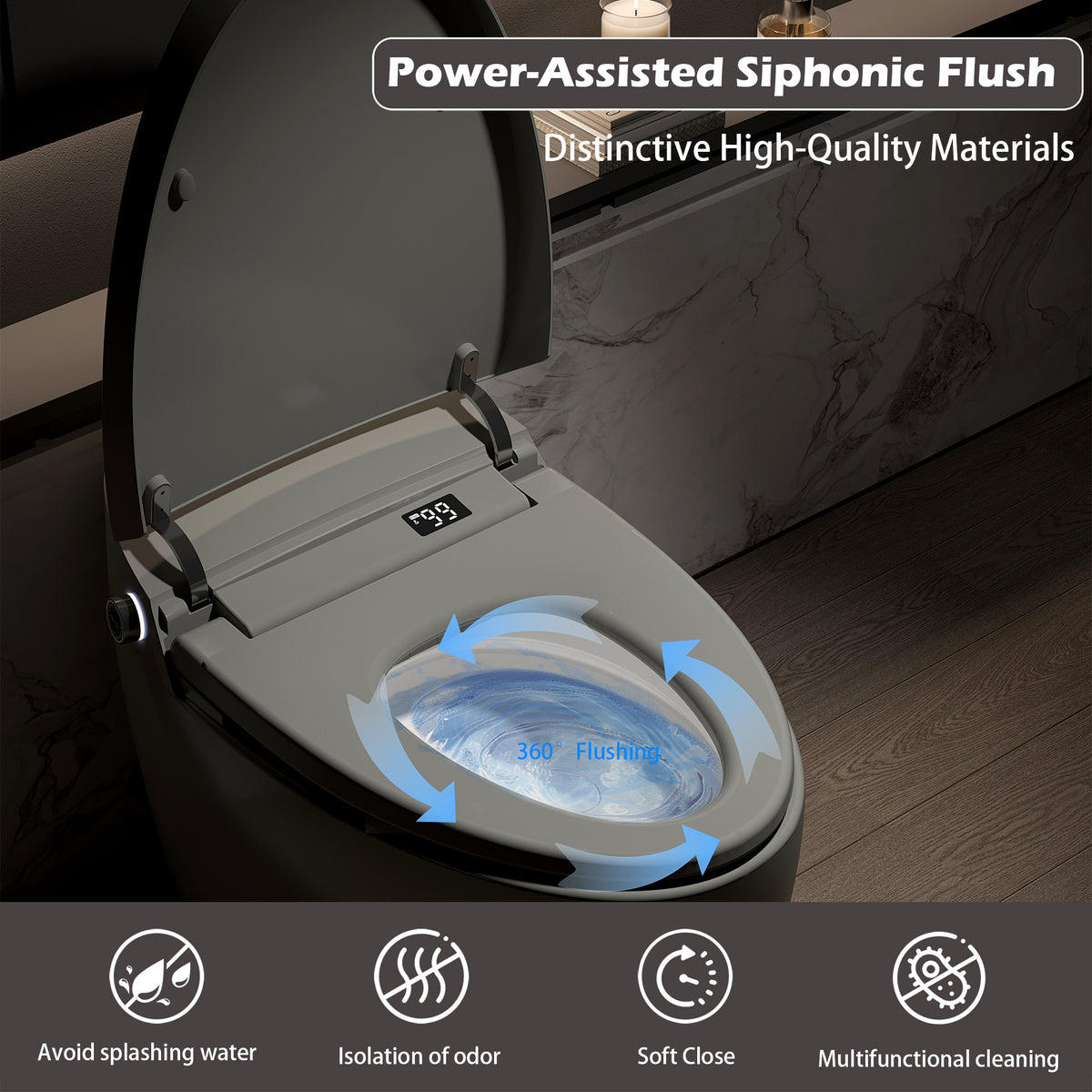 Rainlex ADA Smart Bidet Toilet with Auto Flush, Heated Seat, Warm Water Wash, Dryer, Foot Kick Sensor, Night Light & Remote Control（T51）