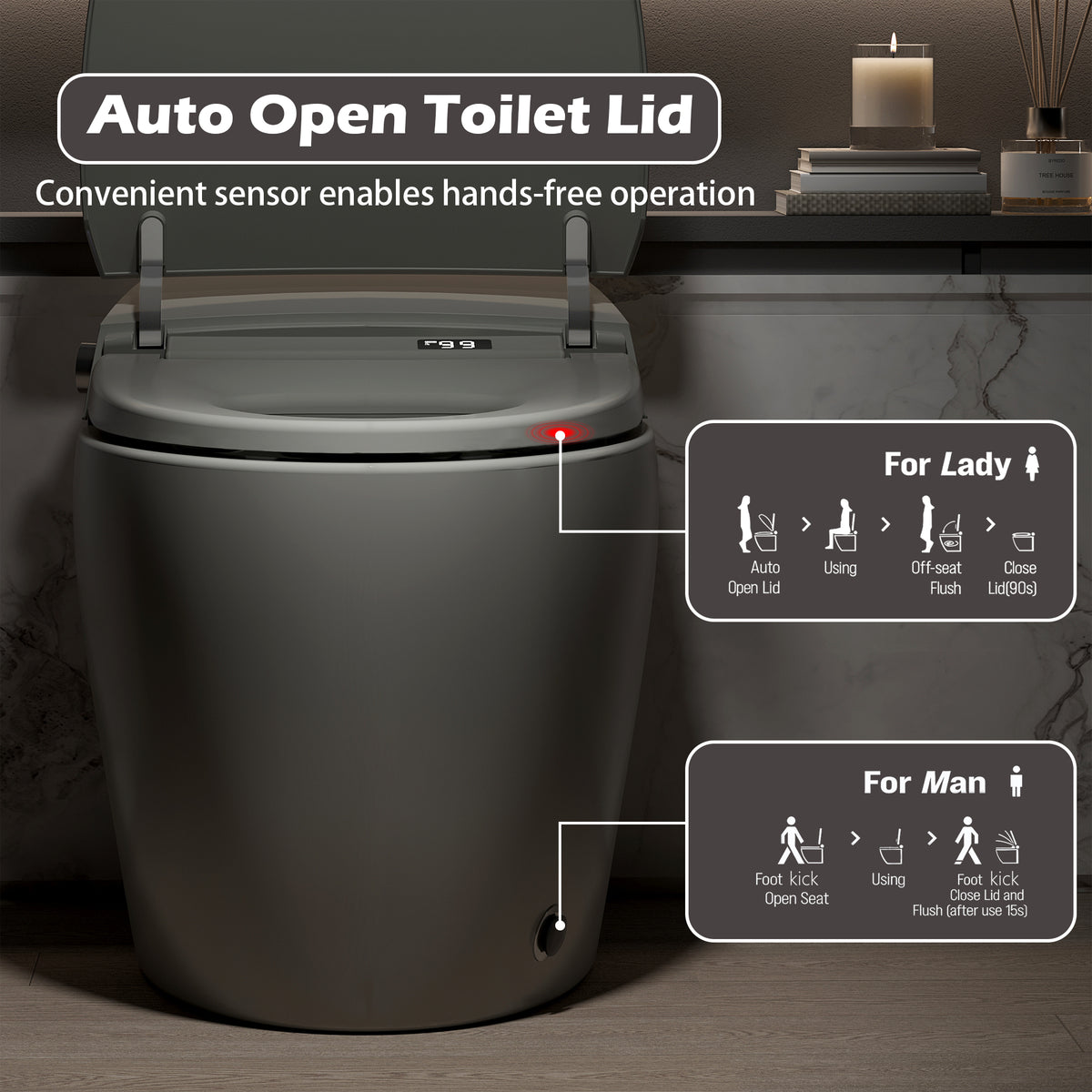 Rainlex ADA Smart Bidet Toilet with Auto Flush, Heated Seat, Warm Water Wash, Dryer, Foot Kick Sensor, Night Light & Remote Control（T51）