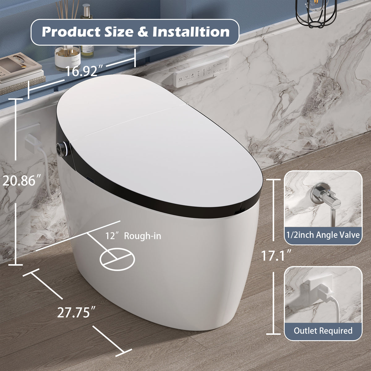 Rainlex ADA Smart Bidet Toilet with Auto Flush, Heated Seat, Warm Water Wash, Dryer, Foot Kick Sensor, Night Light & Remote Control（T51）