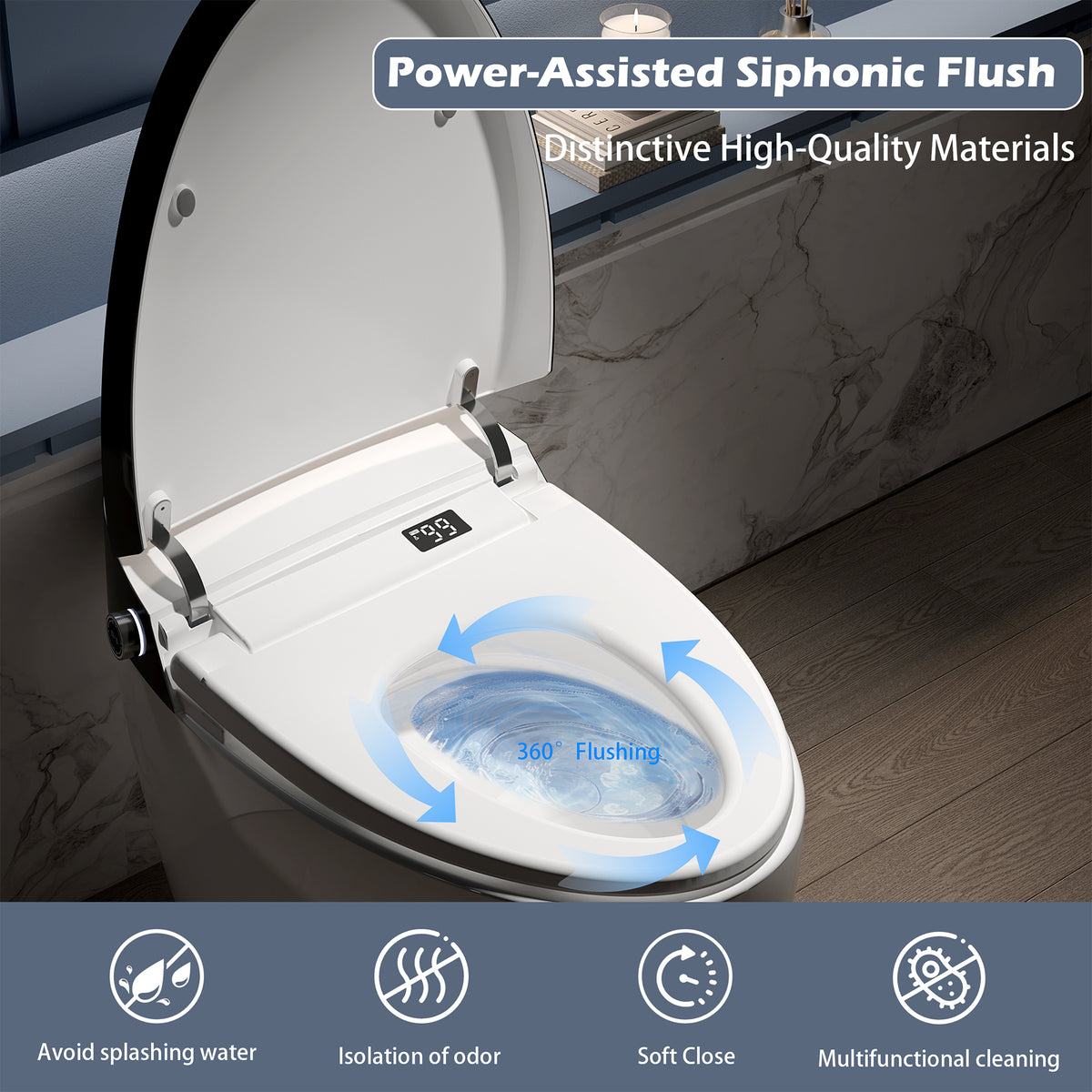Rainlex ADA Smart Bidet Toilet with Auto Flush, Heated Seat, Warm Water Wash, Dryer, Foot Kick Sensor, Night Light & Remote Control（T51）