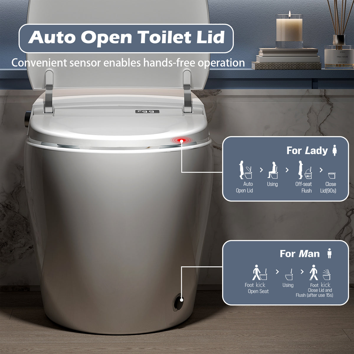 Rainlex ADA Smart Bidet Toilet with Auto Flush, Heated Seat, Warm Water Wash, Dryer, Foot Kick Sensor, Night Light & Remote Control（T51）
