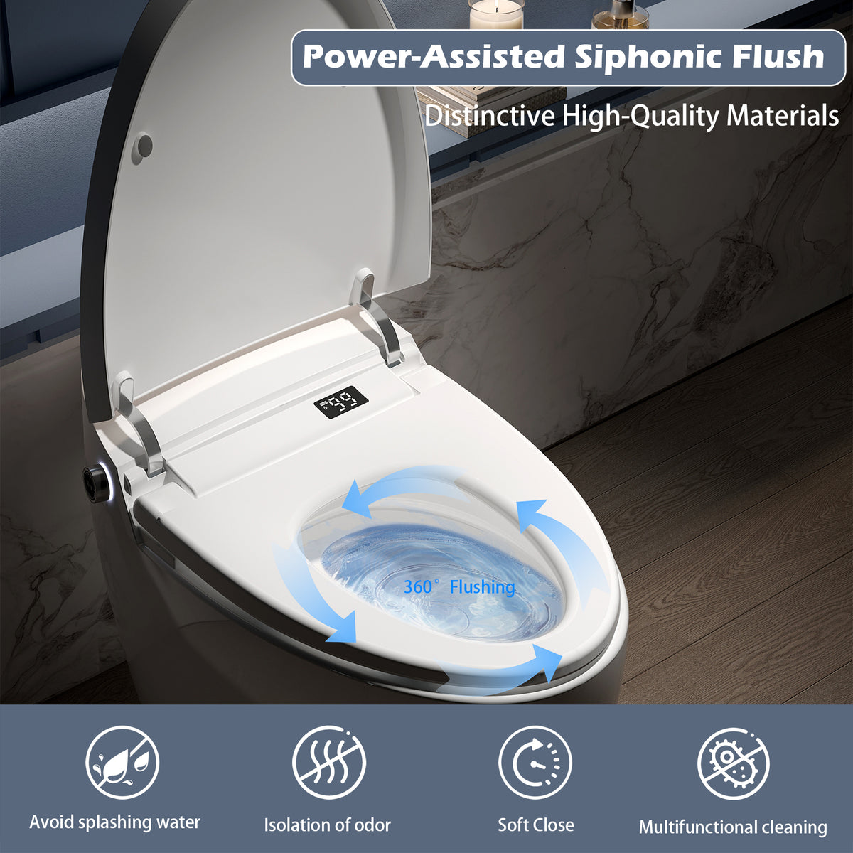 Rainlex ADA Smart Bidet Toilet with Auto Flush, Heated Seat, Warm Water Wash, Dryer, Foot Kick Sensor, Night Light & Remote Control（T51）