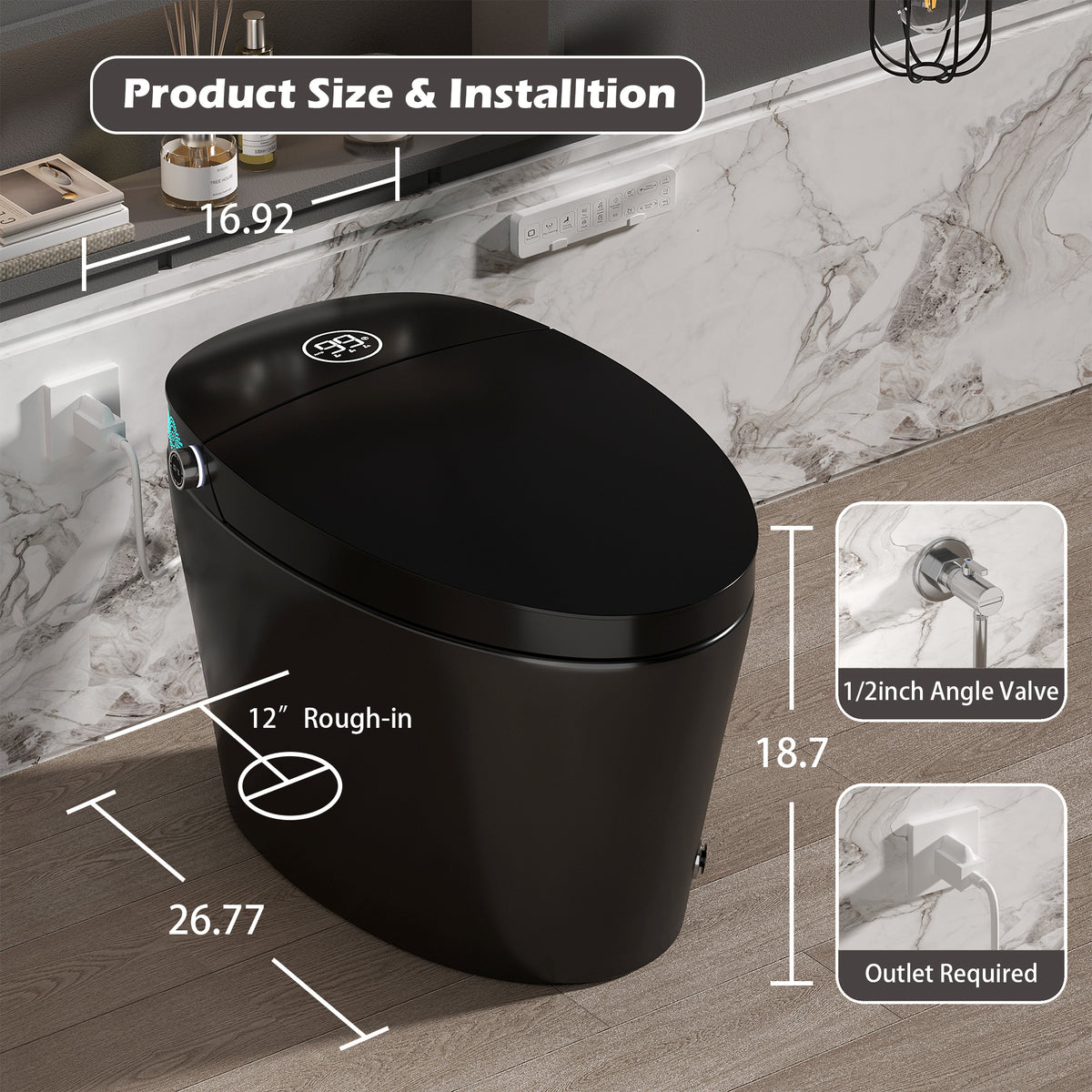 Rainlex Smart Bidet Toilet with Heated Seat, Warm Water Wash, Dryer, Auto Flush, Foot Kick Sensor, Night Light & Remote Control(T52)