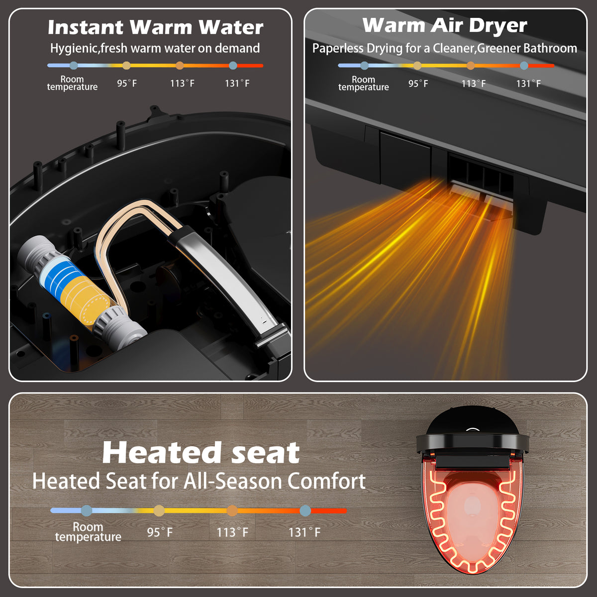 Rainlex Smart Bidet Toilet with Heated Seat, Warm Water Wash, Dryer, Auto Flush, Foot Kick Sensor, Night Light & Remote Control(T52)