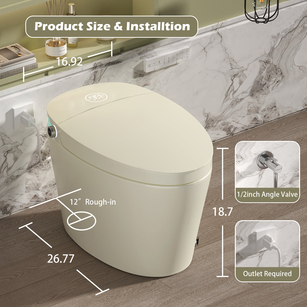 Rainlex Smart Bidet Toilet with Heated Seat, Warm Water Wash, Dryer, Auto Flush, Foot Kick Sensor, Night Light & Remote Control(T52)