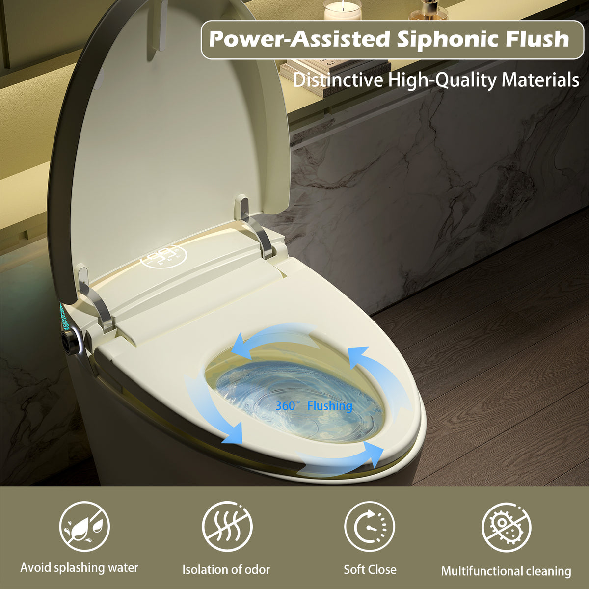Rainlex Smart Bidet Toilet with Heated Seat, Warm Water Wash, Dryer, Auto Flush, Foot Kick Sensor, Night Light & Remote Control(T52)
