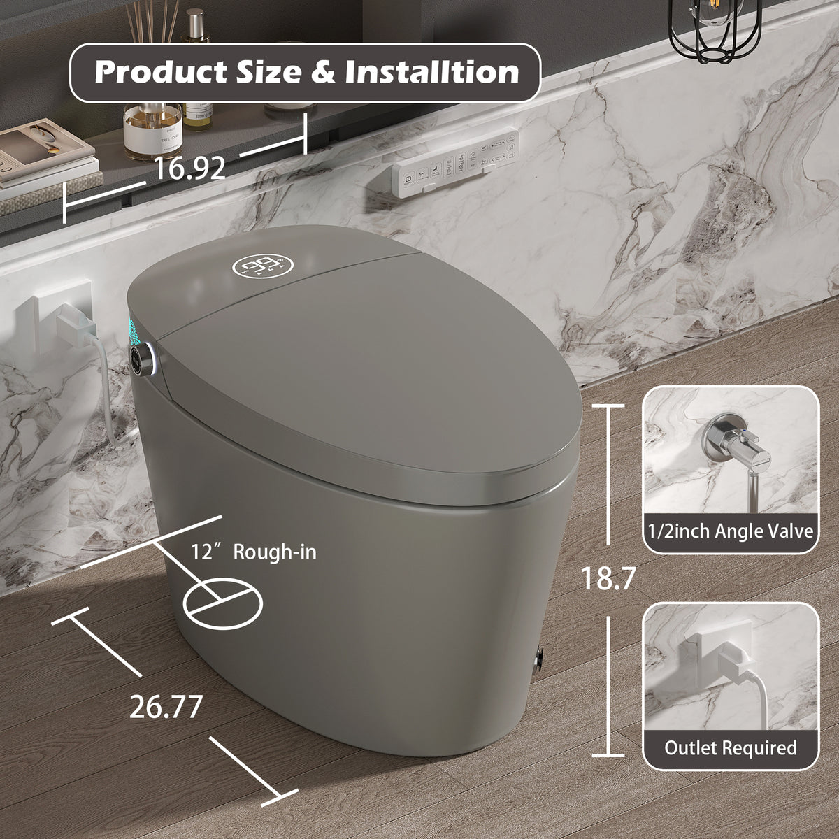 Rainlex Smart Bidet Toilet with Heated Seat, Warm Water Wash, Dryer, Auto Flush, Foot Kick Sensor, Night Light & Remote Control(T52)