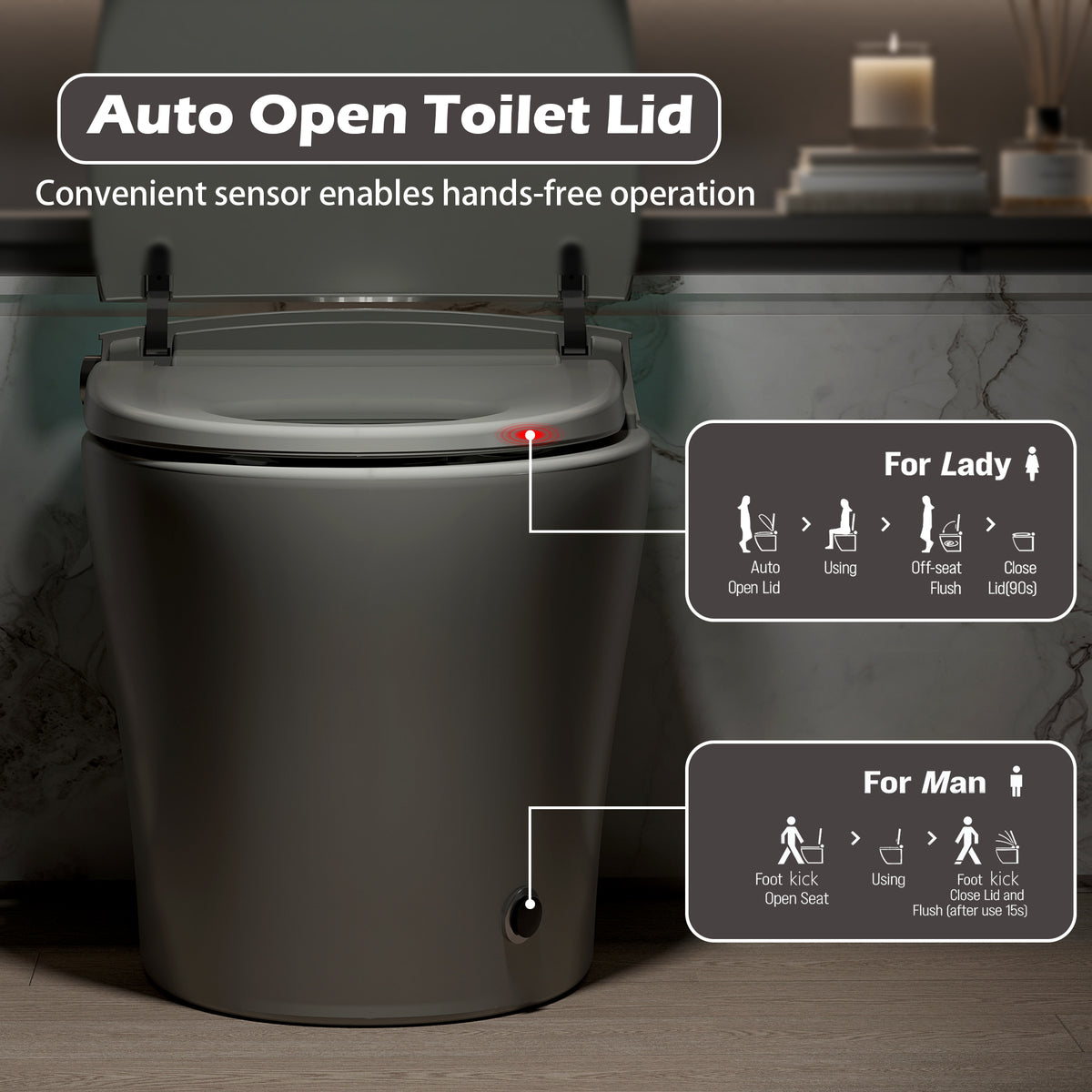 Rainlex Smart Bidet Toilet with Heated Seat, Warm Water Wash, Dryer, Auto Flush, Foot Kick Sensor, Night Light & Remote Control(T52)