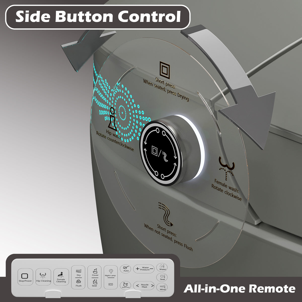 Rainlex Smart Bidet Toilet with Heated Seat, Warm Water Wash, Dryer, Auto Flush, Foot Kick Sensor, Night Light & Remote Control(T52)