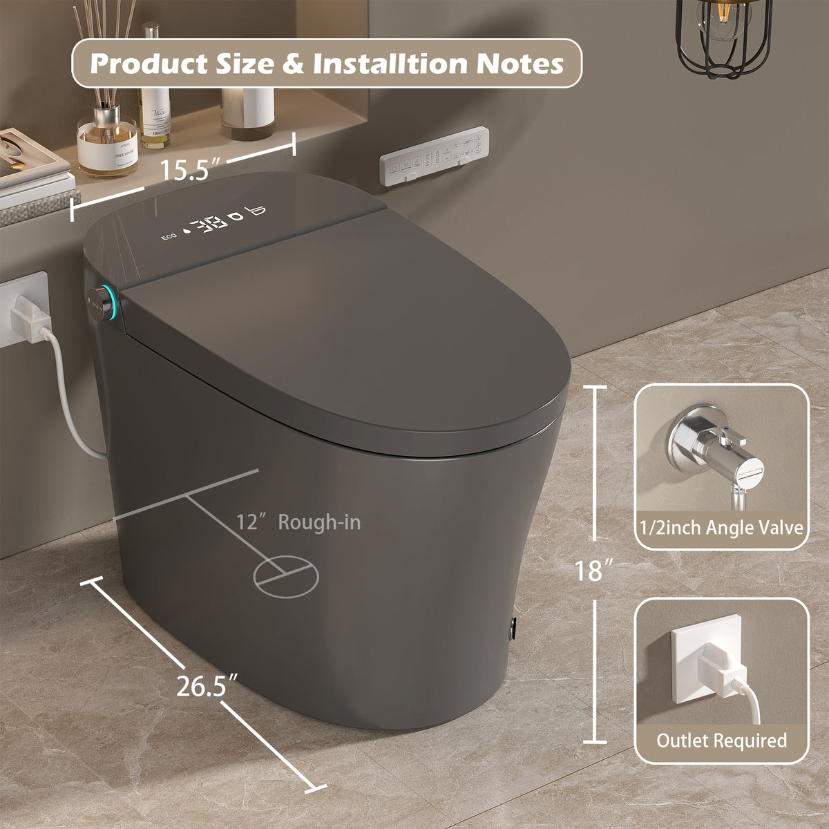 Rainlex ADA Smart Bidet Toilet with Auto Open Lid, Heated Seat, Warm Water Wash, Dryer, LED Display, Night Light & Remote Control（T54）