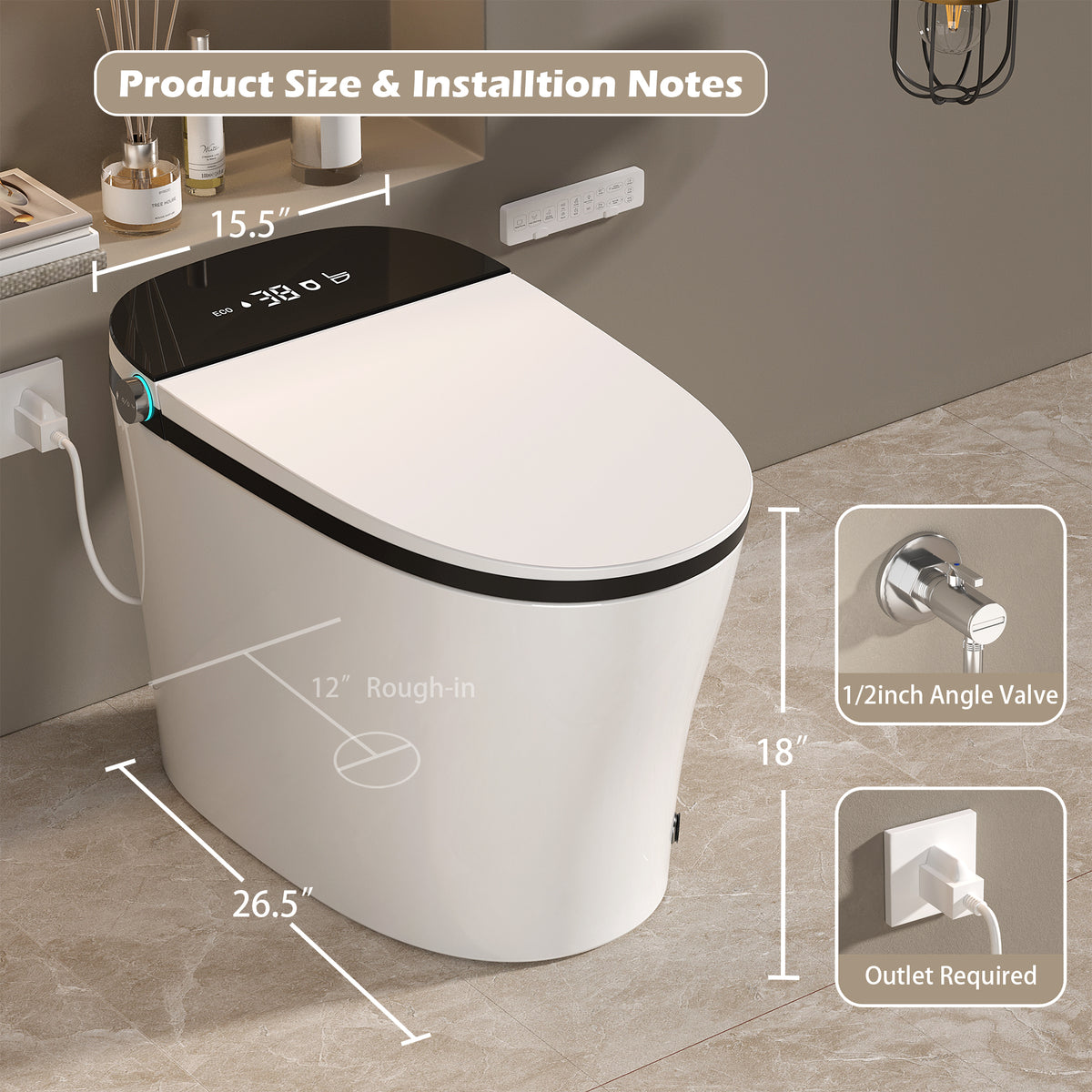 Rainlex ADA Smart Bidet Toilet with Auto Open Lid, Heated Seat, Warm Water Wash, Dryer, LED Display, Night Light & Remote Control（T54）