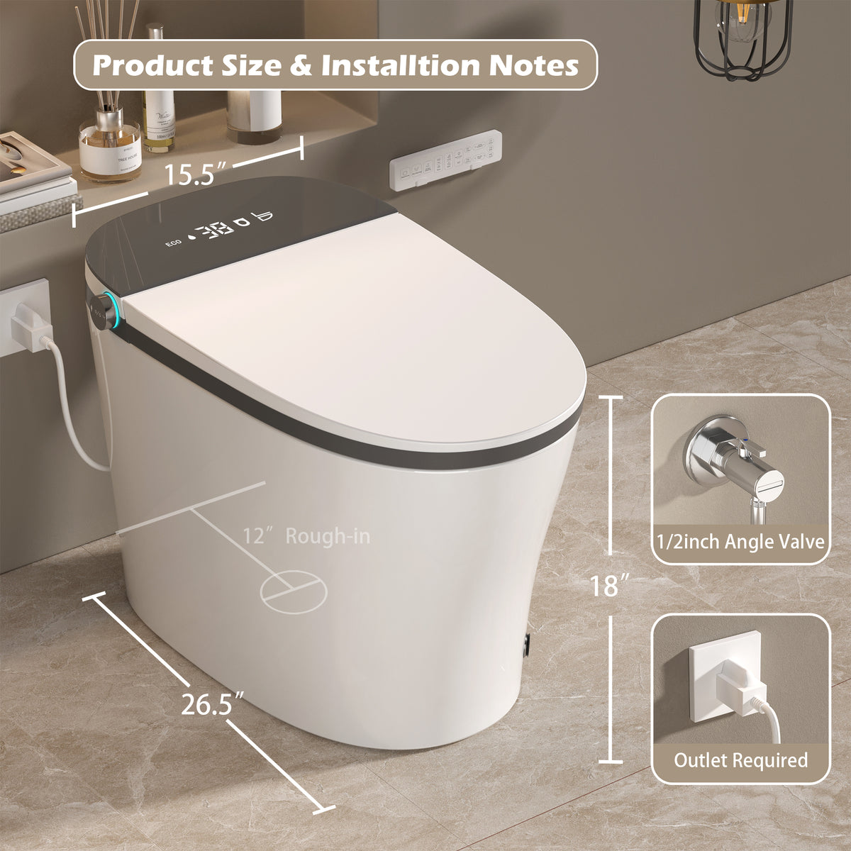 Rainlex ADA Smart Bidet Toilet with Auto Open Lid, Heated Seat, Warm Water Wash, Dryer, LED Display, Night Light & Remote Control（T54）
