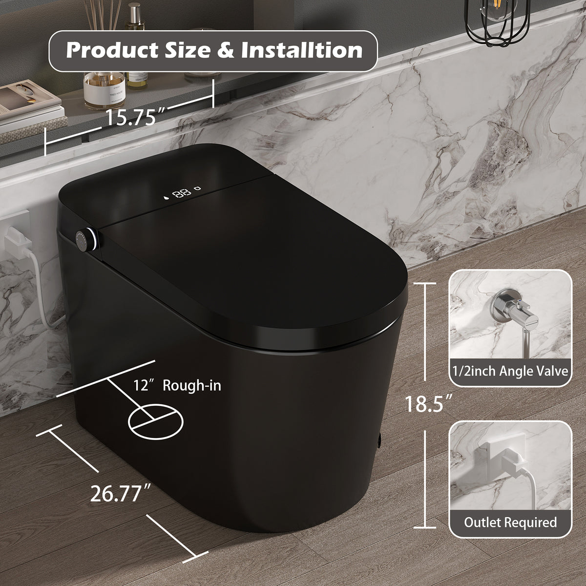 Rainlex Comfort Height Smart Bidet Toilet with Foam Shield, Auto Flush, Heated Seat, Warm Water Wash, Dryer, Bluetooth App & Remote Control(T55)