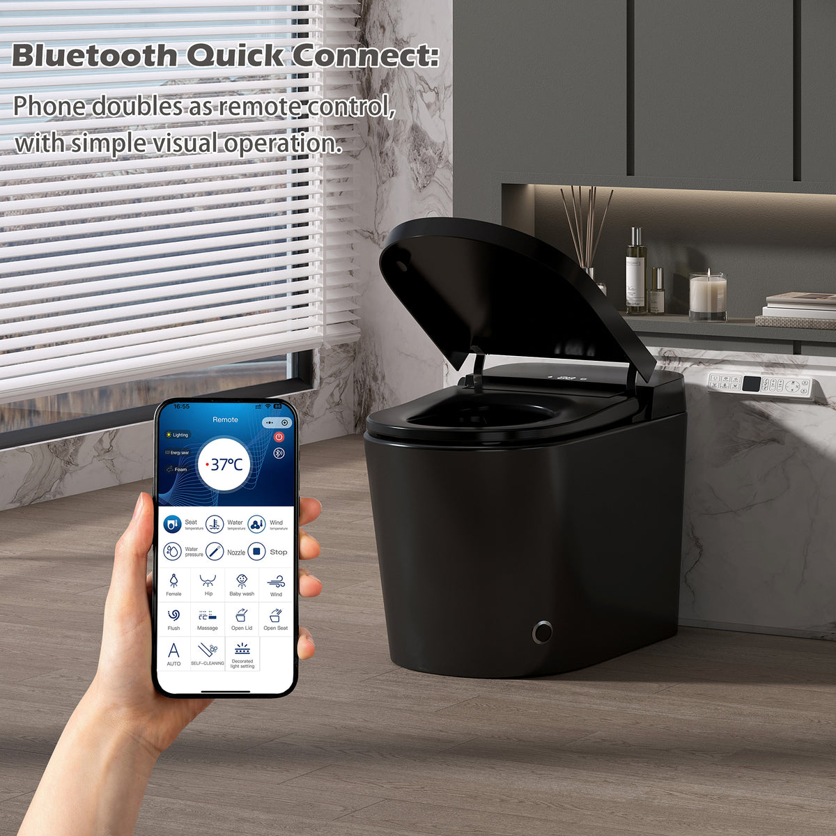 Rainlex Comfort Height Smart Bidet Toilet with Foam Shield, Auto Flush, Heated Seat, Warm Water Wash, Dryer, Bluetooth App & Remote Control(T55)