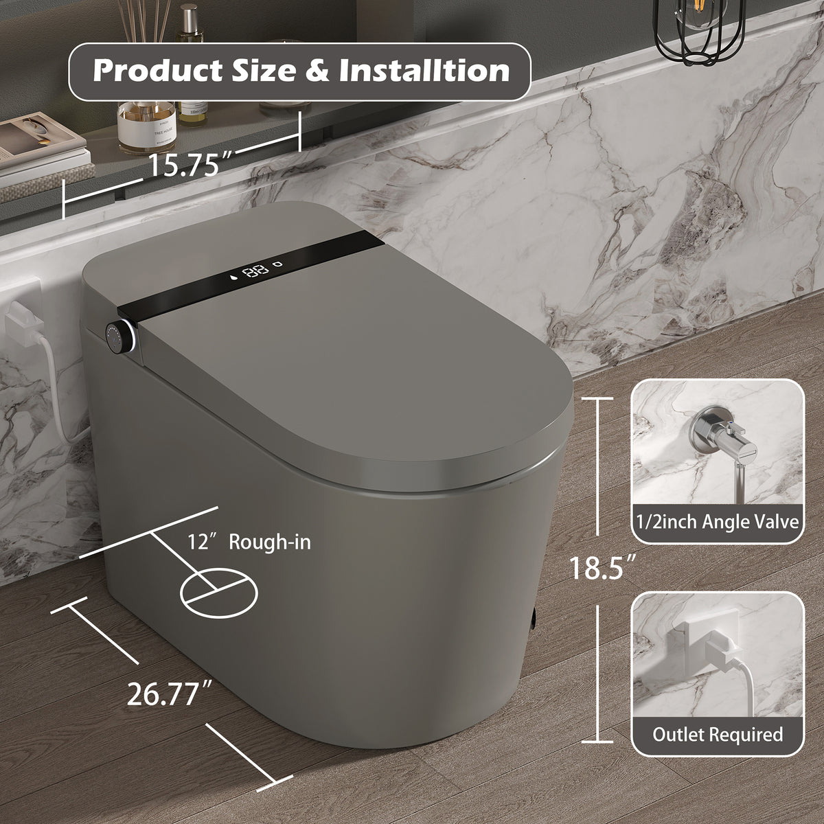 Rainlex Comfort Height Smart Bidet Toilet with Foam Shield, Auto Flush, Heated Seat, Warm Water Wash, Dryer, Bluetooth App & Remote Control(T55)